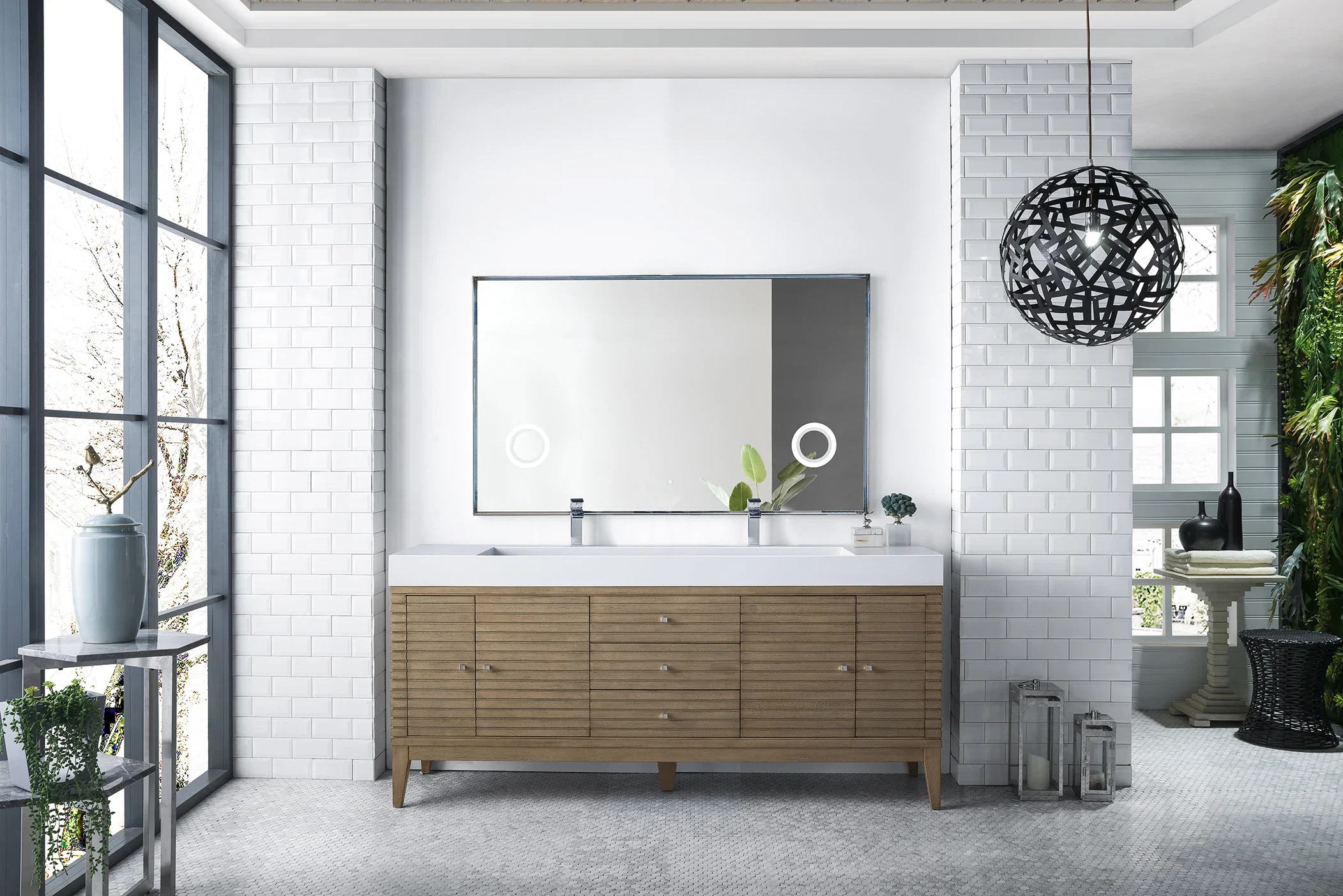 Linear 72" Double Vanity Whitewashed Walnut w/ Glossy White Composite Stone Top