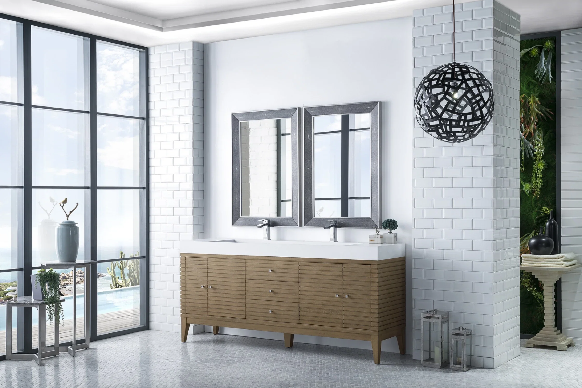 Linear 72" Double Vanity Whitewashed Walnut w/ Glossy White Composite Stone Top