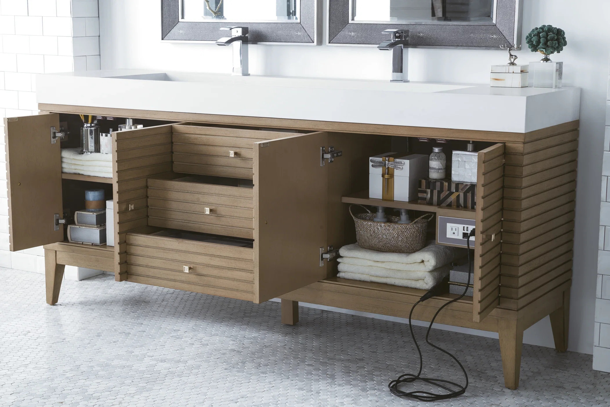 Linear 72" Double Vanity Whitewashed Walnut w/ Glossy White Composite Stone Top