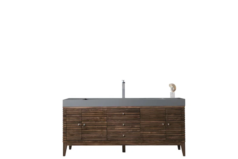 Linear 72" Single Vanity, Mid-Century Walnut w/ Dusk Grey Glossy Composite Stone Top
