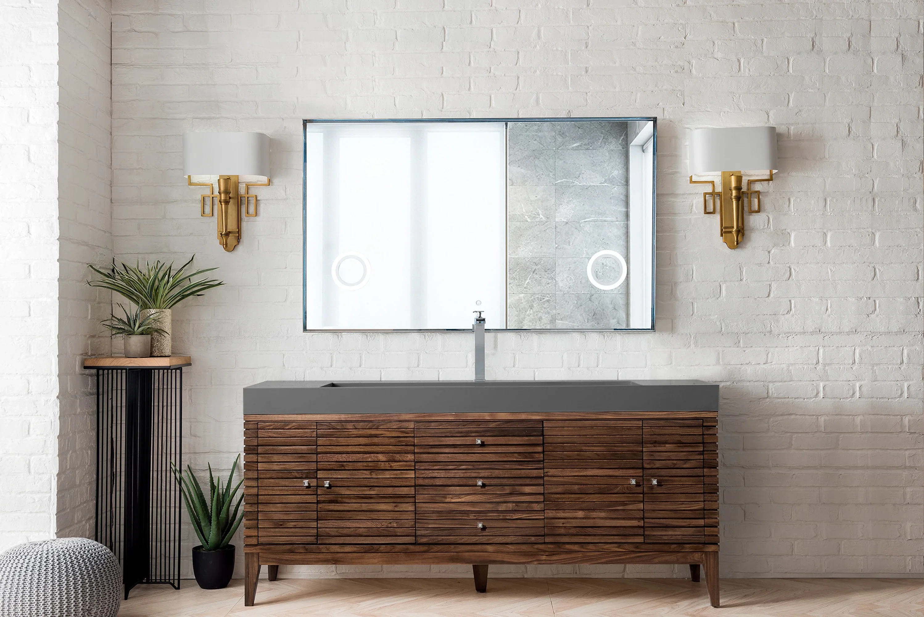 Linear 72" Single Vanity, Mid-Century Walnut w/ Dusk Grey Glossy Composite Stone Top
