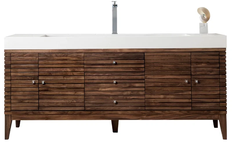 Linear 72" Single Vanity, Mid-Century Walnut w/ Glossy White Composite Stone Top