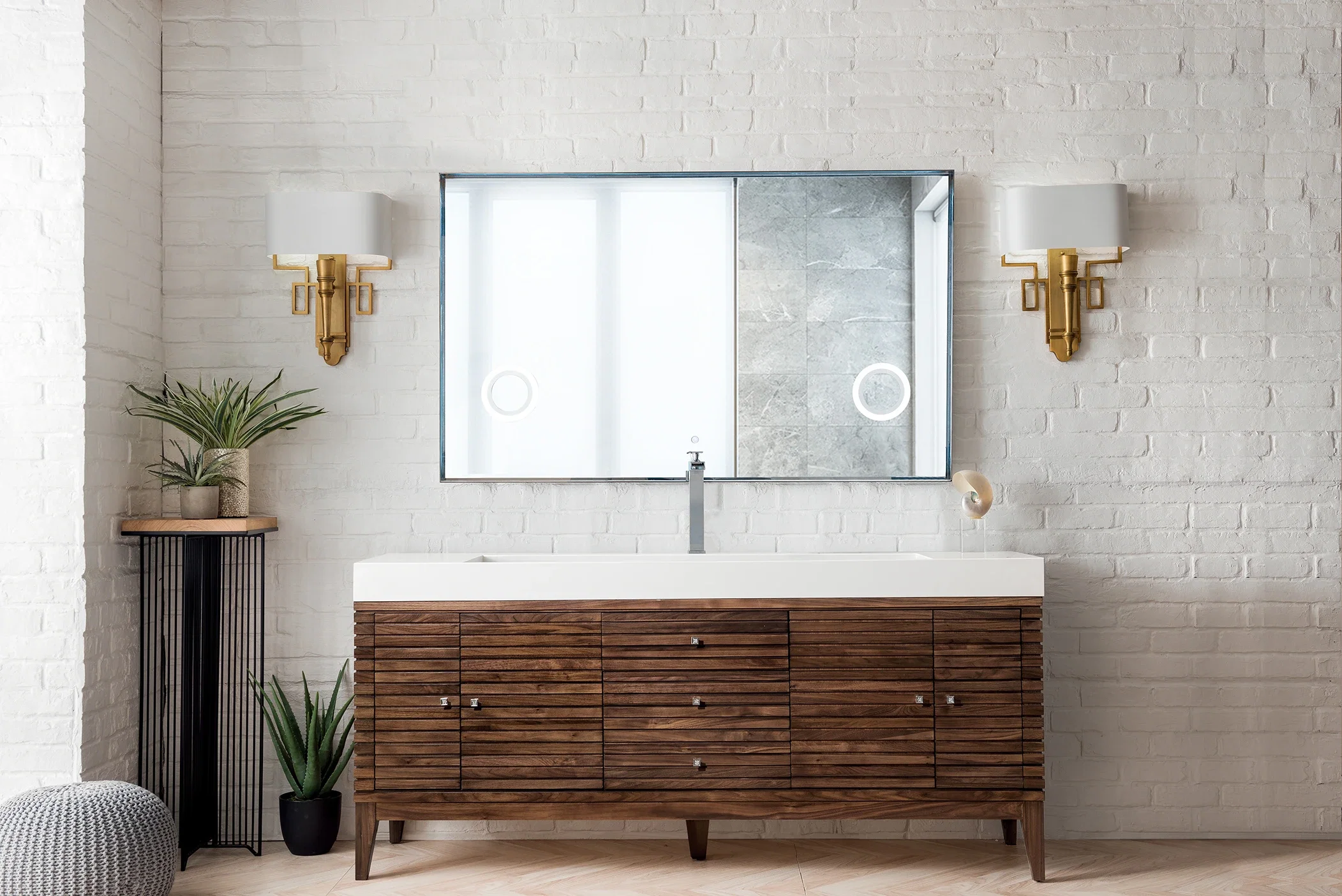 Linear 72" Single Vanity, Mid-Century Walnut w/ Glossy White Composite Stone Top
