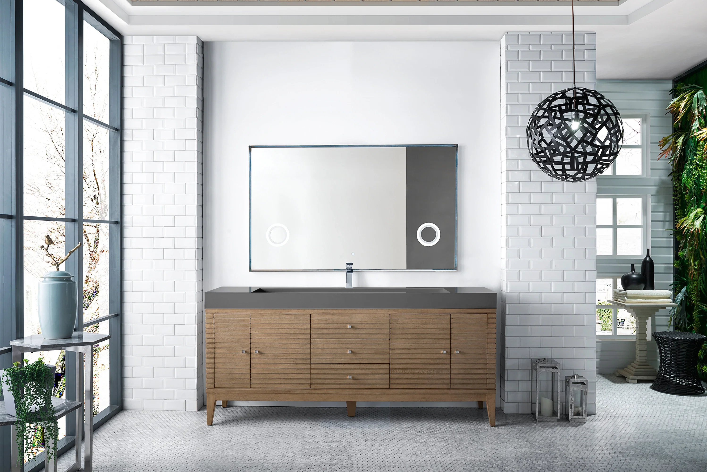 Linear 72" Single Vanity Whitewashed Walnut w/ Dusk Grey Glossy Composite Stone Top