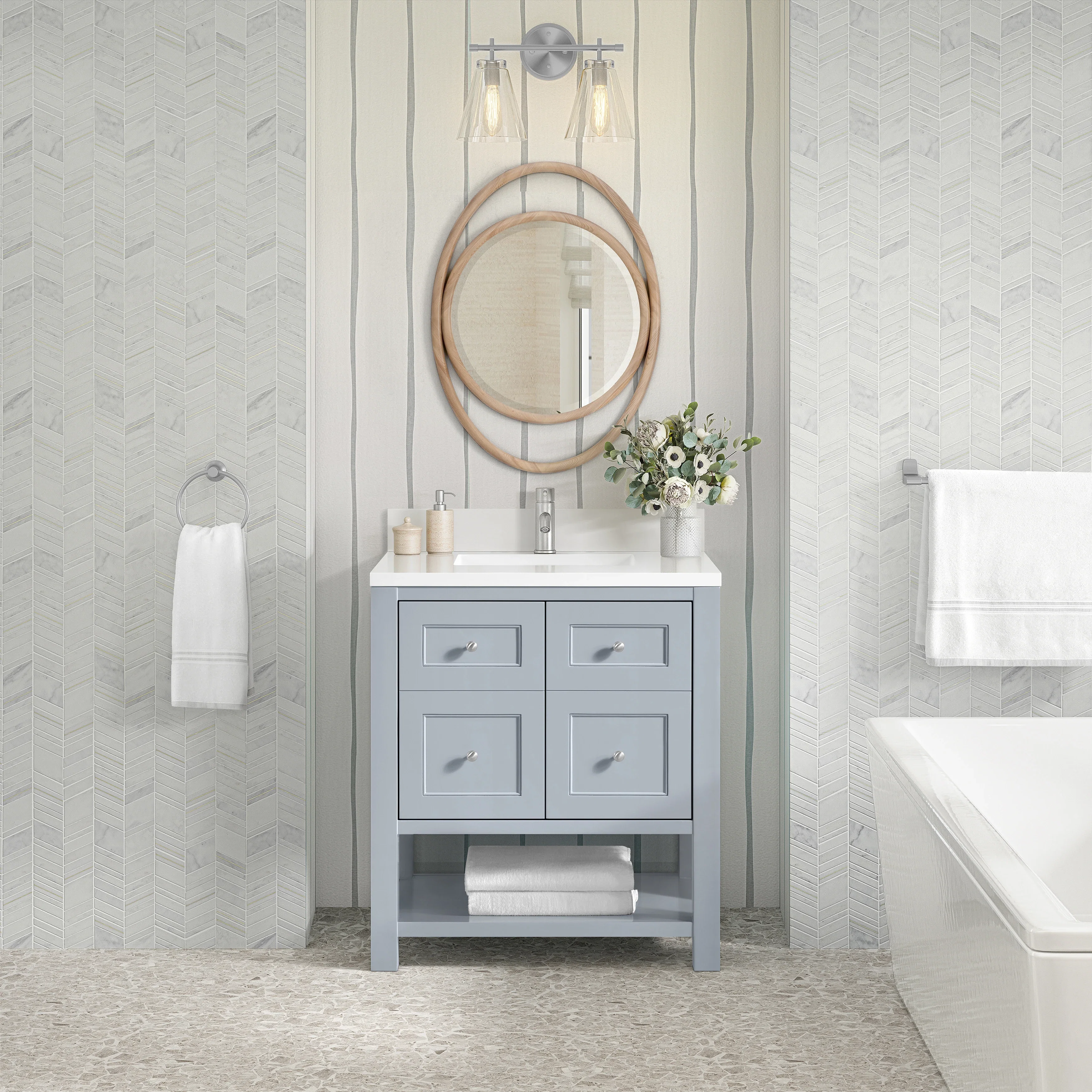 Breckenridge 30" Single Vanity, Serenity Blue, w/ Single Hole 3 CM White Zeus Quartz Top & Backsplash