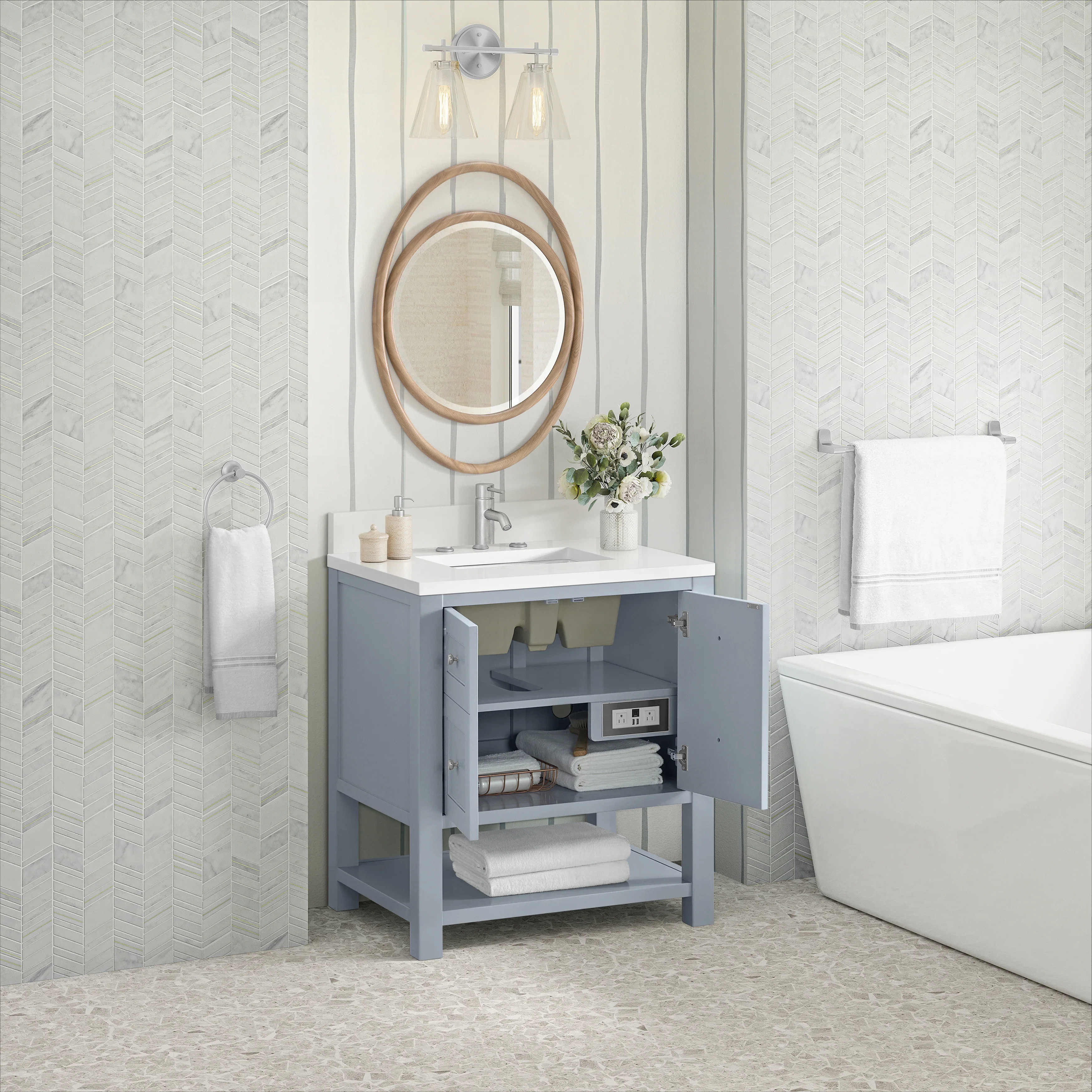 Breckenridge 30" Single Vanity, Serenity Blue, w/ Single Hole 3 CM White Zeus Quartz Top & Backsplash