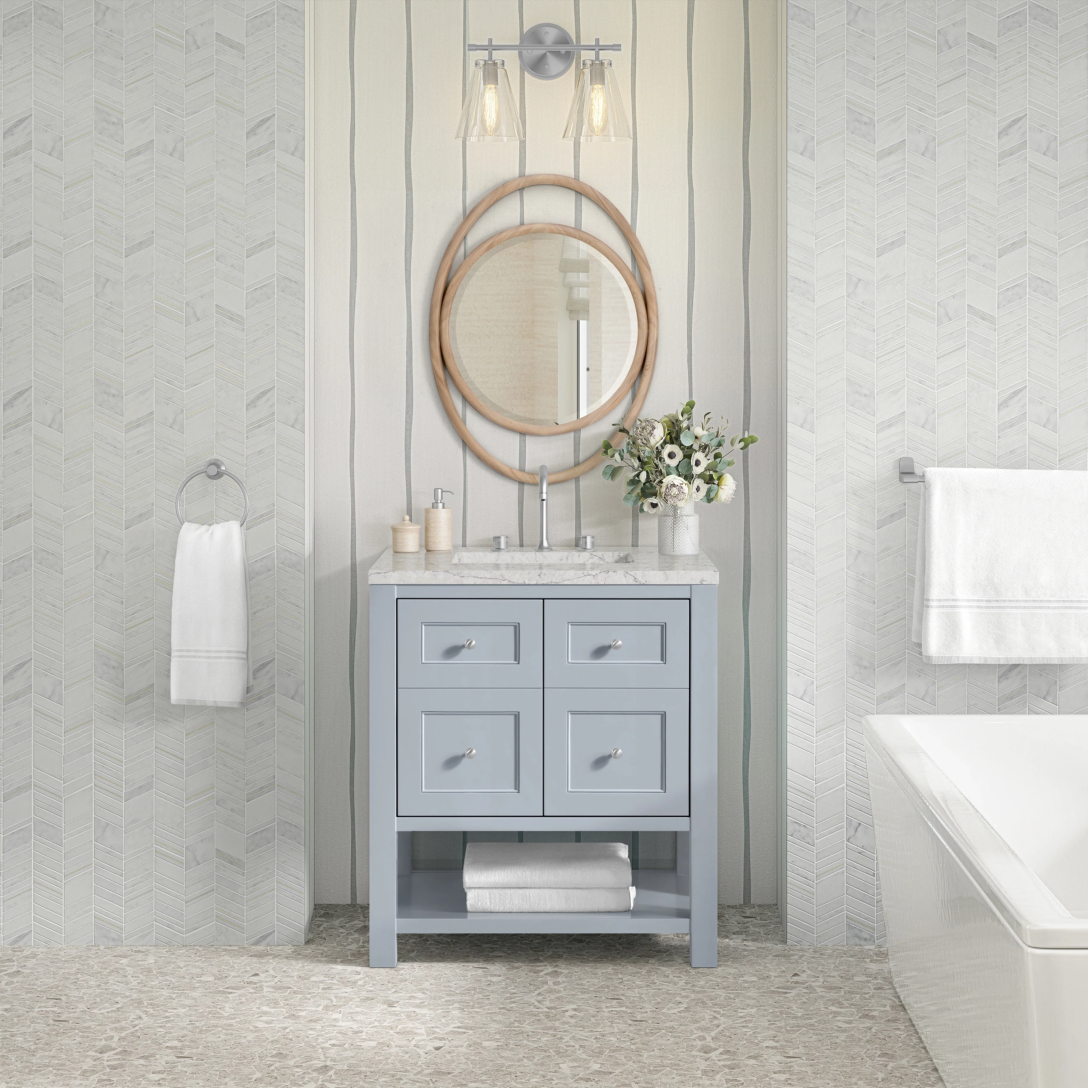 Breckenridge 30" Single Vanity, Serenity Blue, w/ 3 CM Eternal Jasmine Pearl Quartz Top
