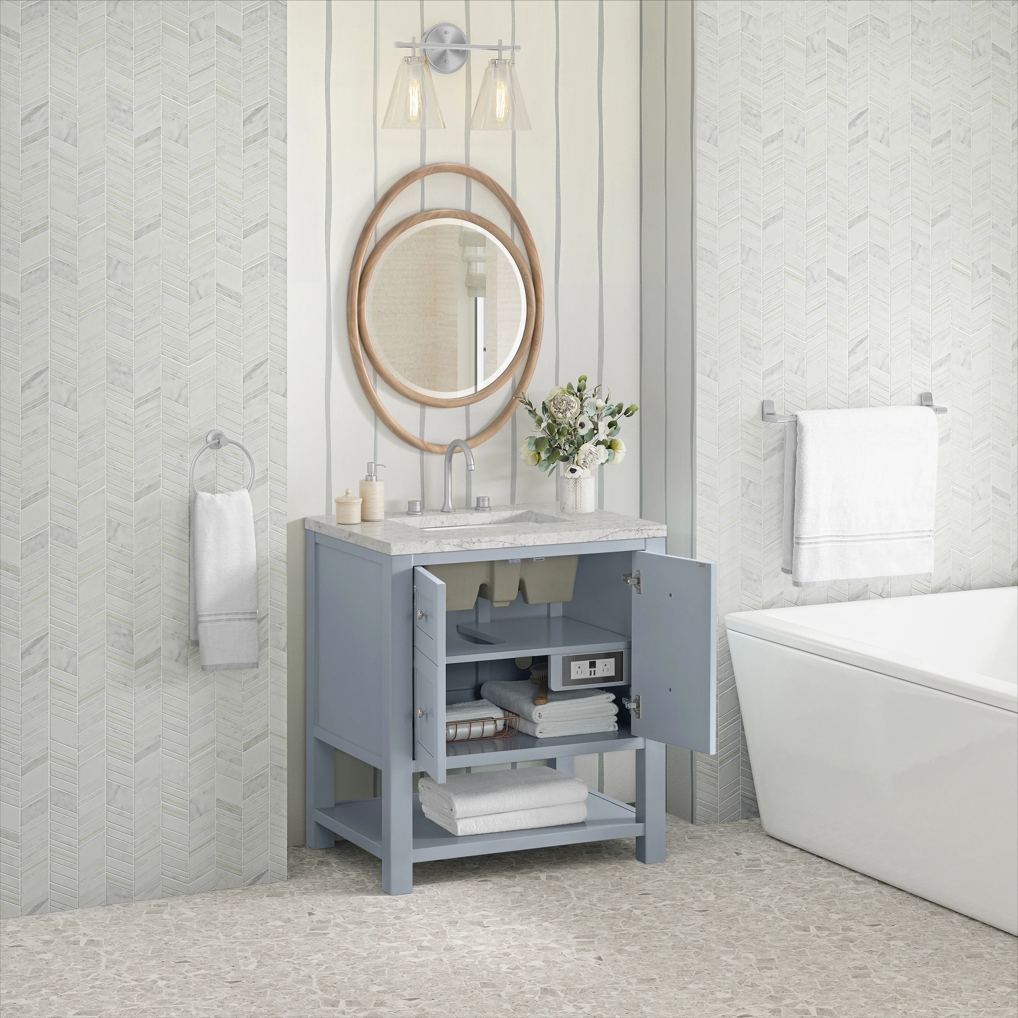 Breckenridge 30" Single Vanity, Serenity Blue, w/ 3 CM Eternal Jasmine Pearl Quartz Top