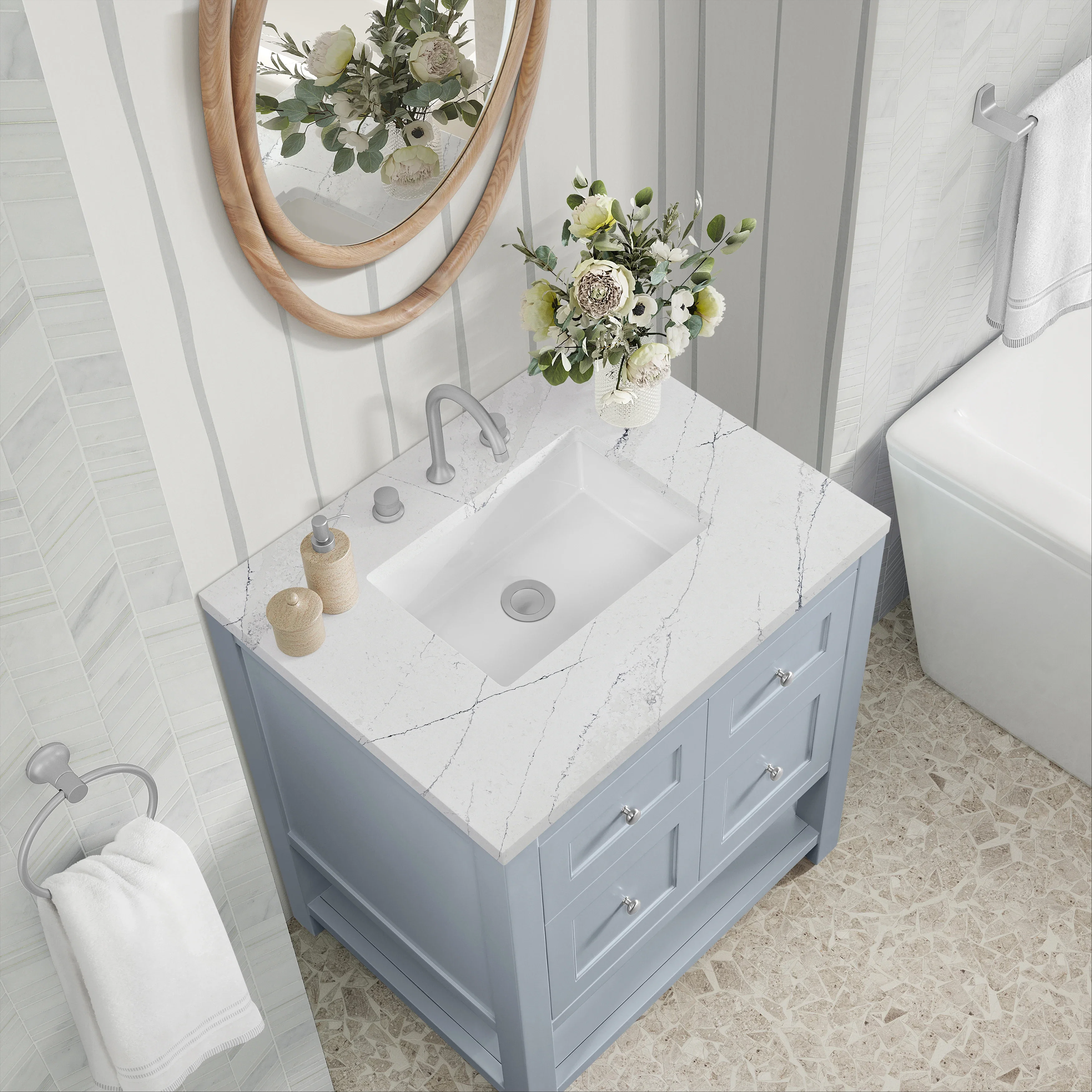 Breckenridge 30" Single Vanity, Serenity Blue, w/ 3 CM Ethereal Noctis Quartz Top