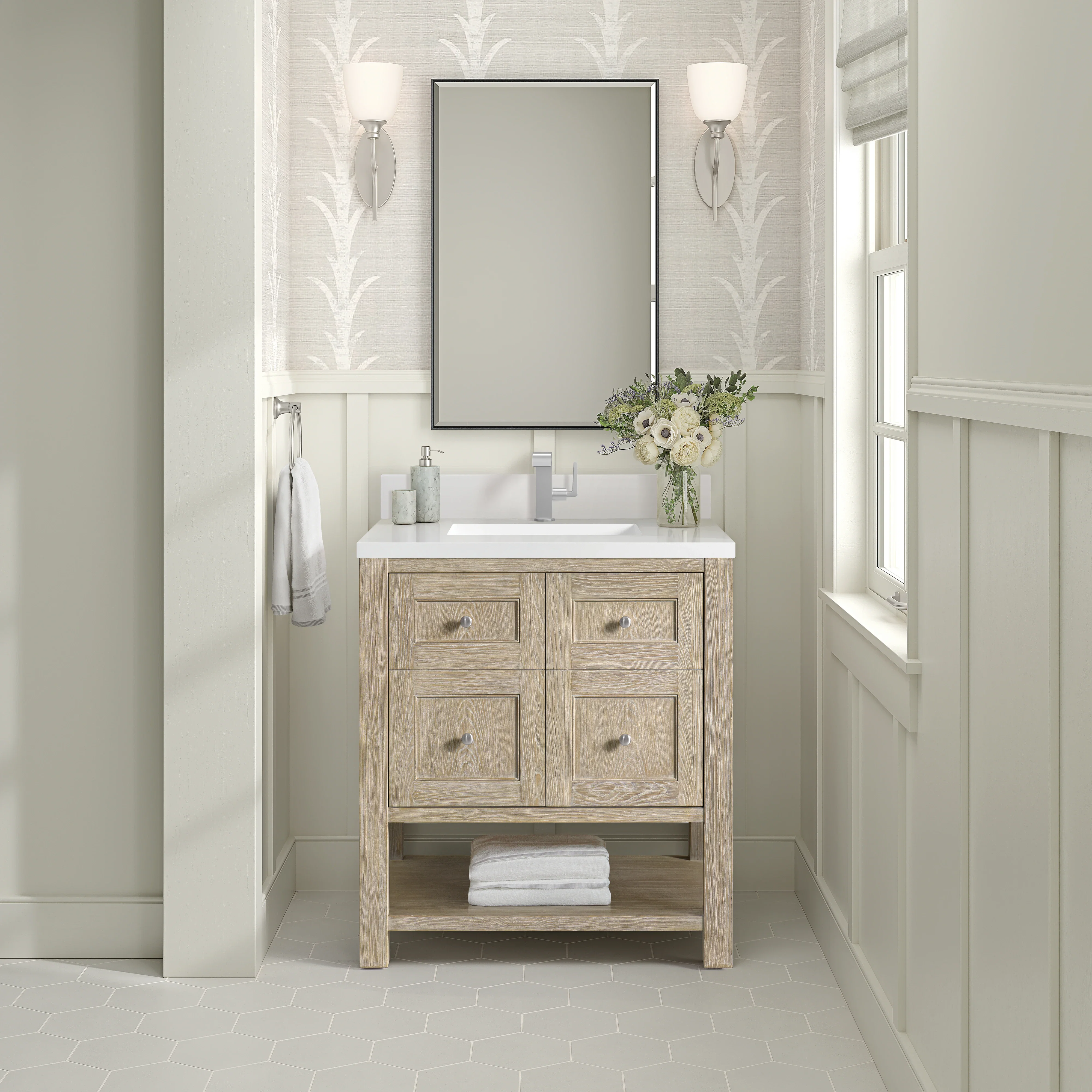 Breckenridge 30" Single Vanity, Whitewashed Oak w/ Single Hole 3CM White Zeus Silestone Top & Backsplash