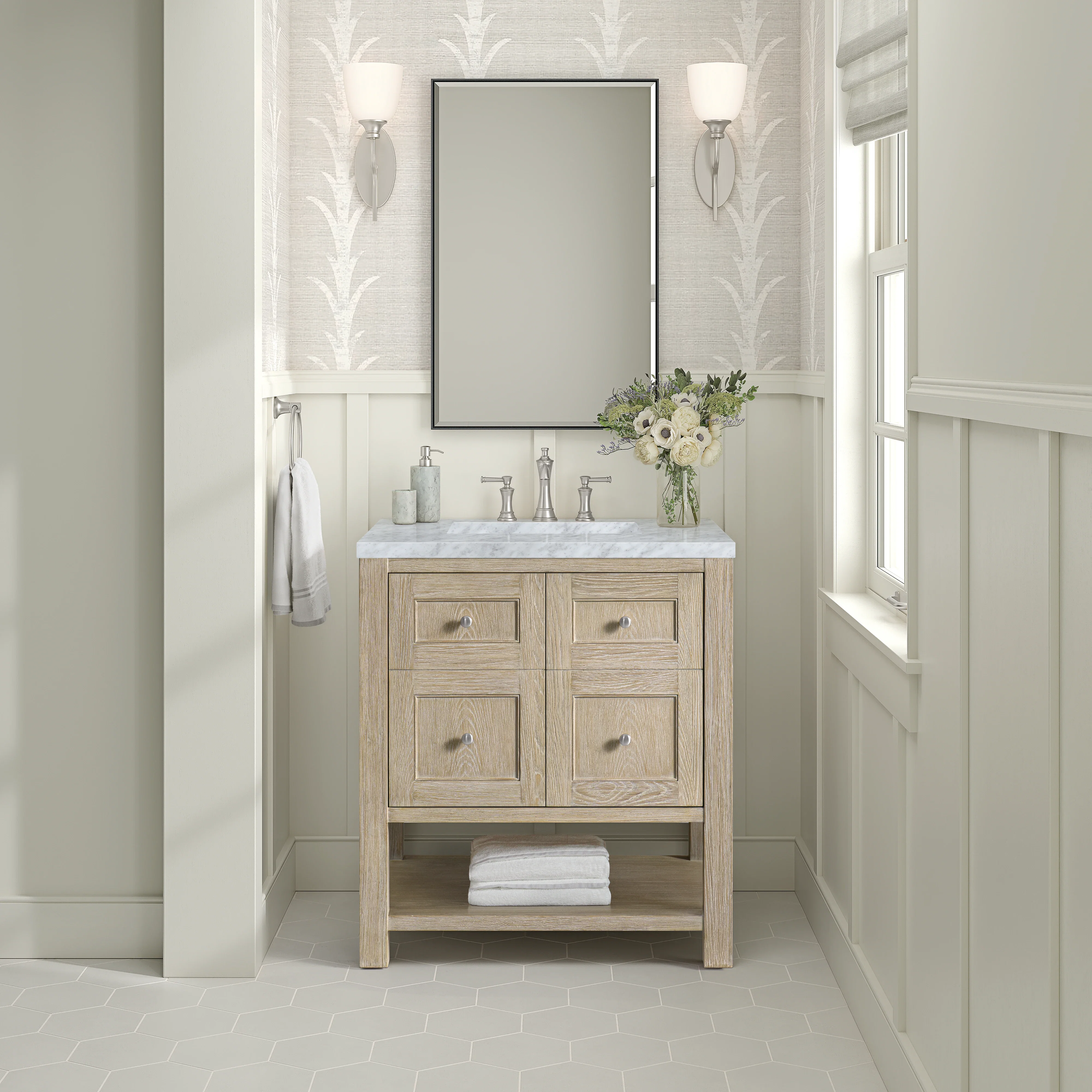Breckenridge 30" Single Vanity, Whitewashed Oak w/ 3 CM Carrara White Marble Top