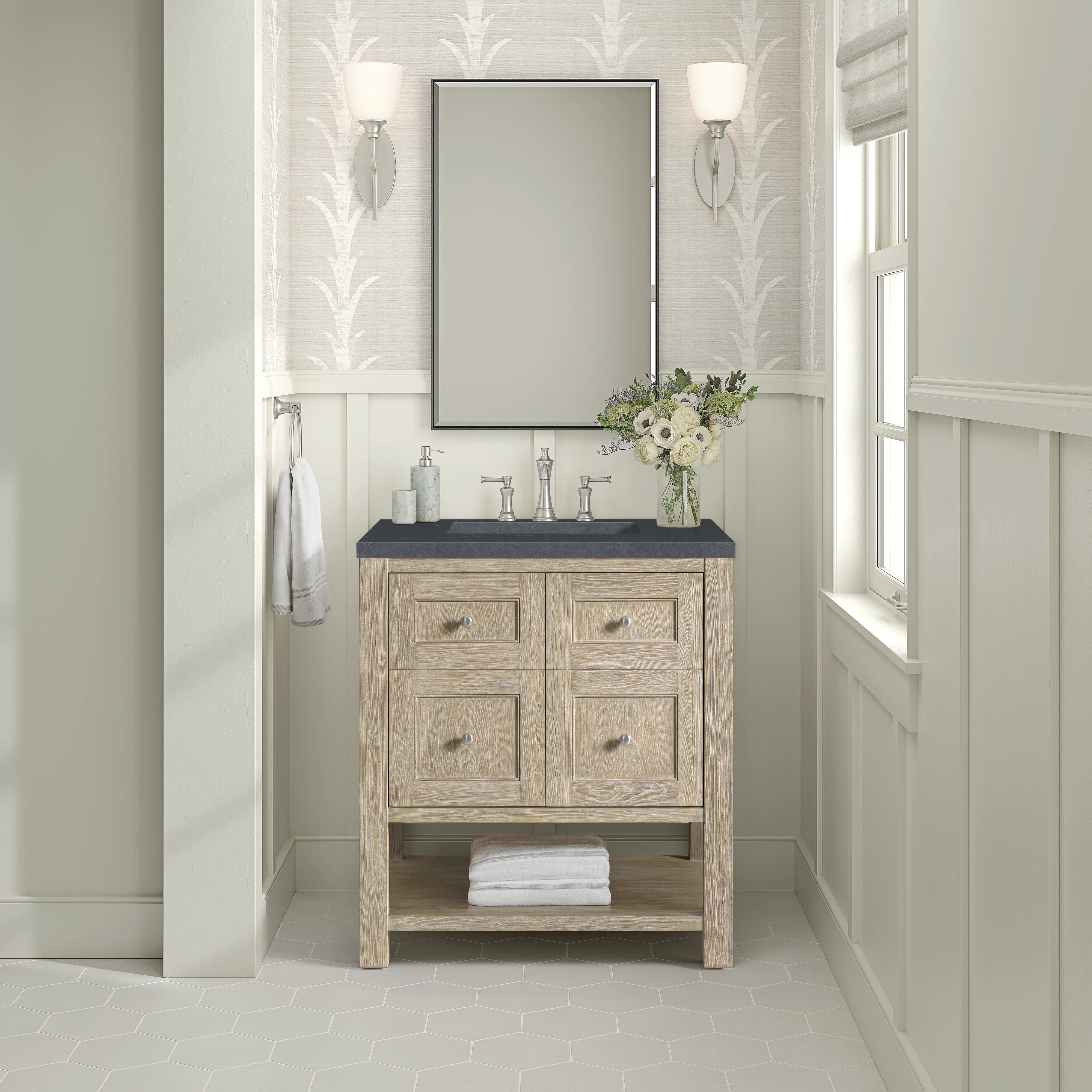 Breckenridge 30" Single Vanity, Whitewashed Oak w/ 3 CM Charcoal Soapstone Silestone Top