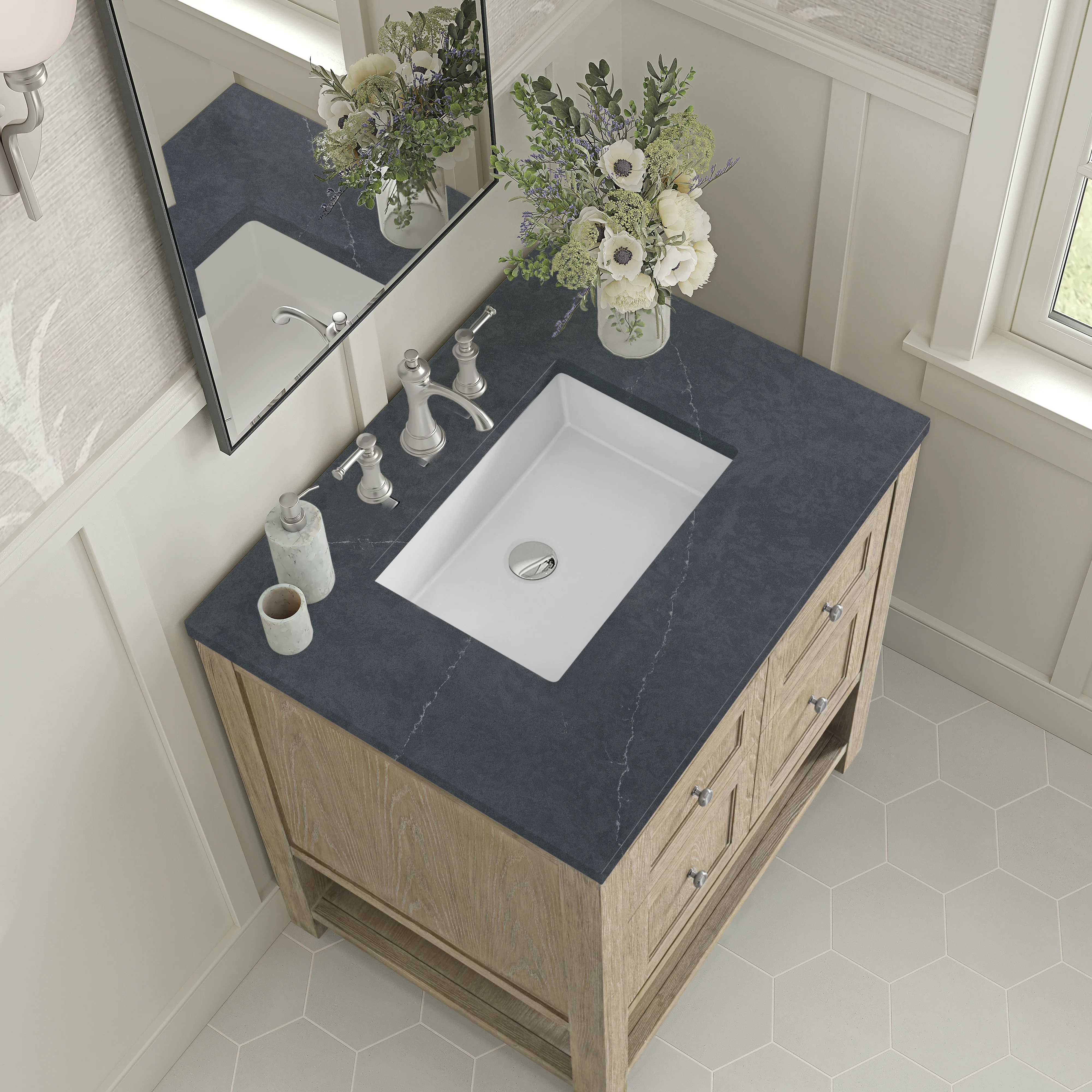 Breckenridge 30" Single Vanity, Whitewashed Oak w/ 3 CM Charcoal Soapstone Silestone Top