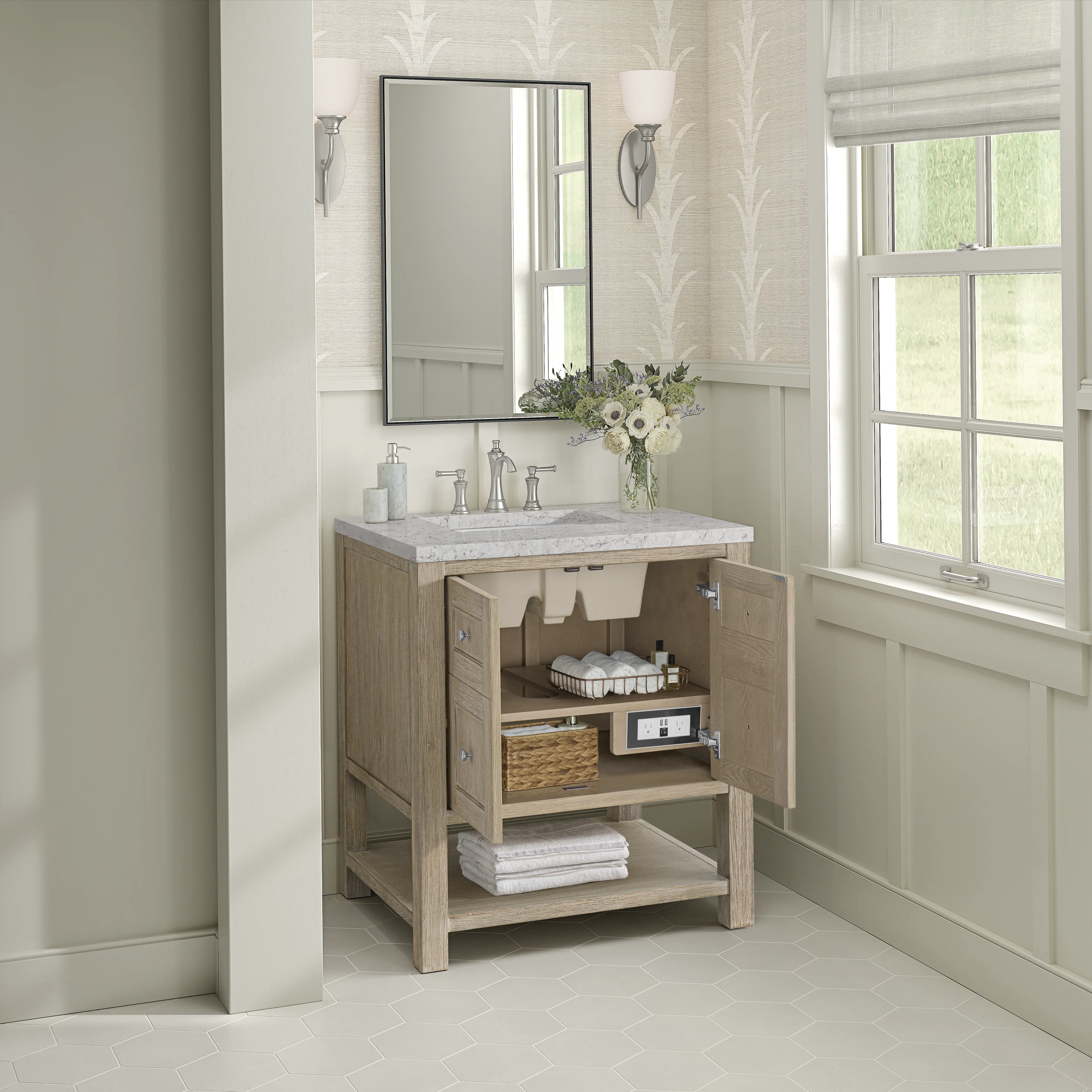 Breckenridge 30" Single Vanity, Whitewashed Oak w/ 3 CM Eternal Jasmine Pearl Silestone Top