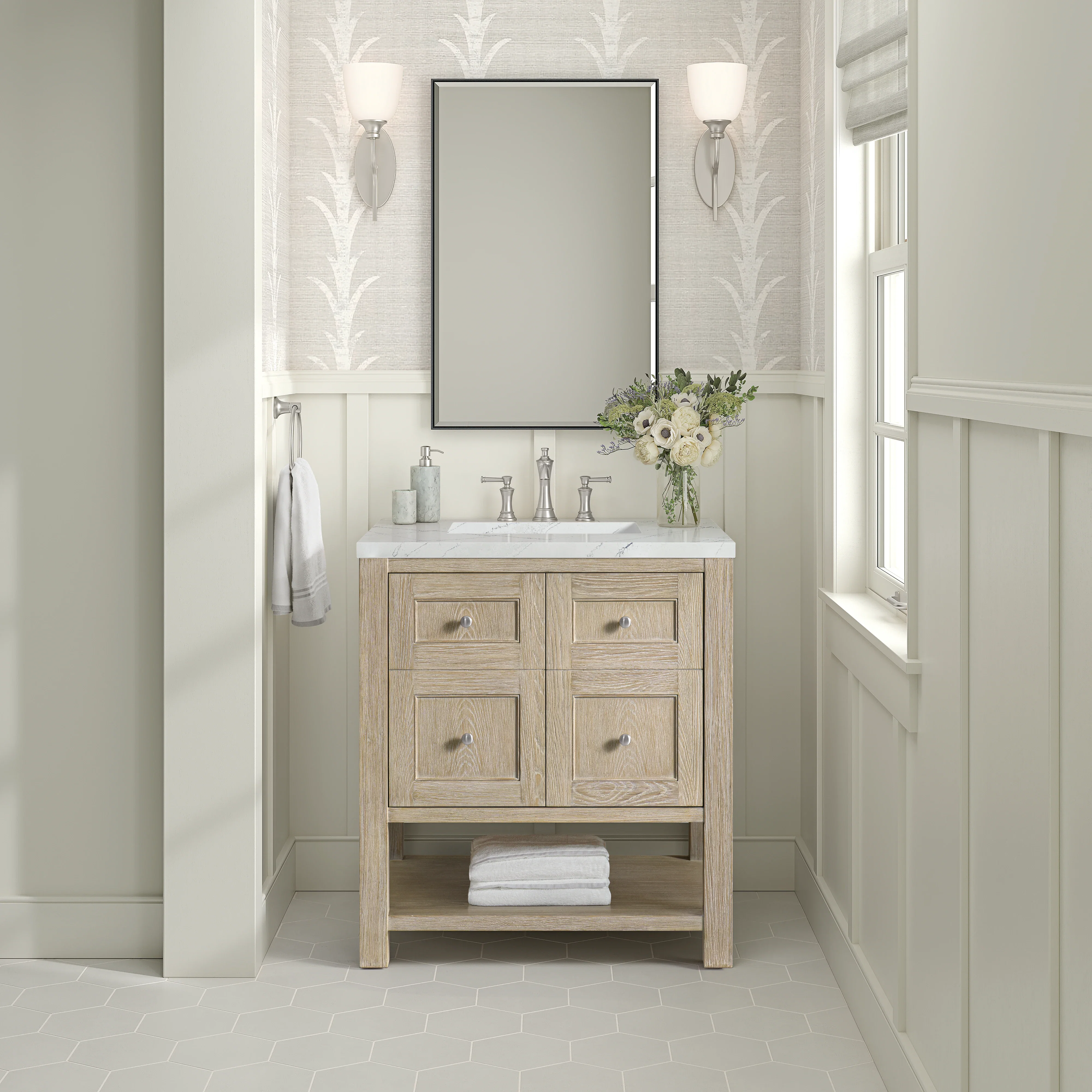 Breckenridge 30" Single Vanity, Whitewashed Oak w/ 3 CM Ethereal Noctis Silestone Top
