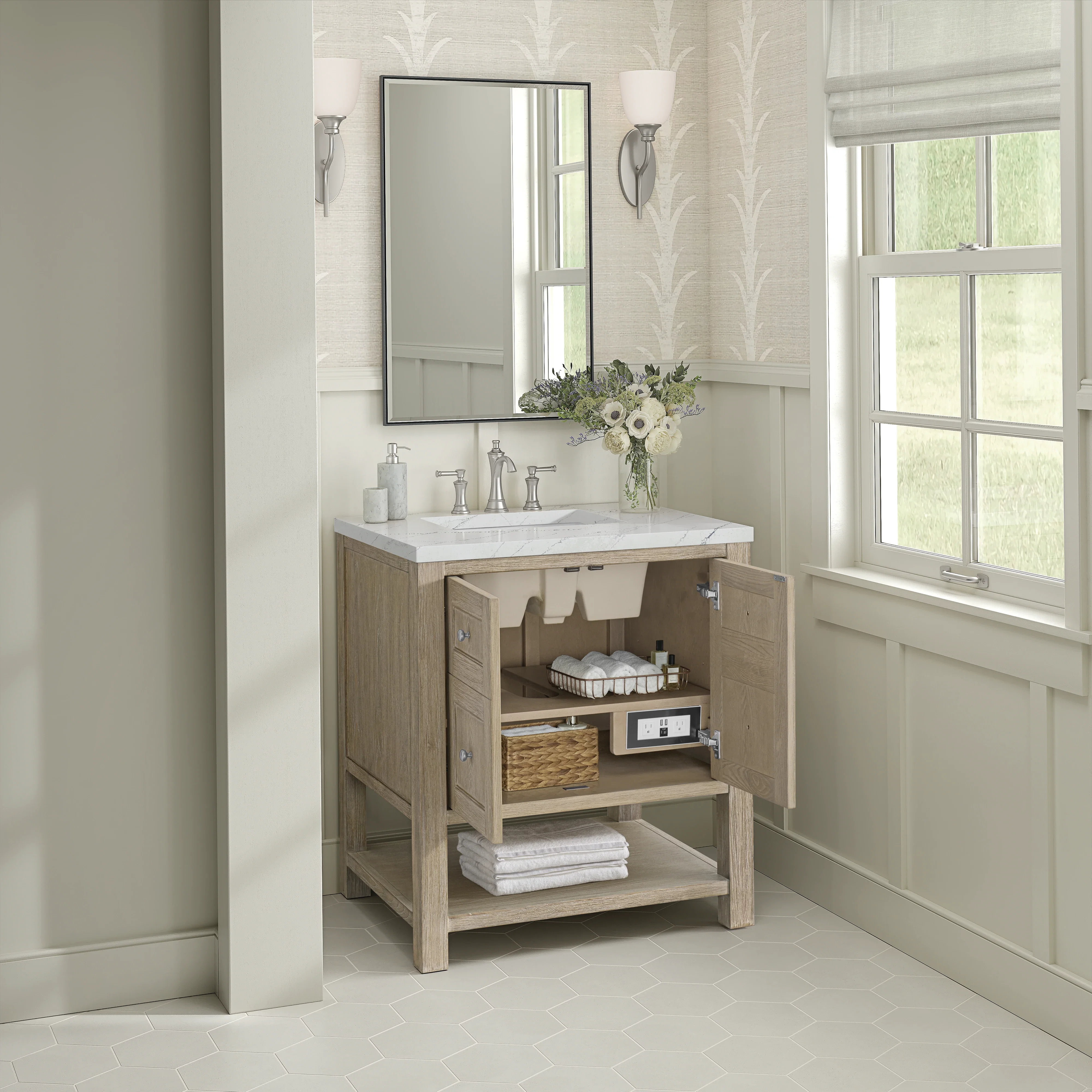 Breckenridge 30" Single Vanity, Whitewashed Oak w/ 3 CM Ethereal Noctis Silestone Top