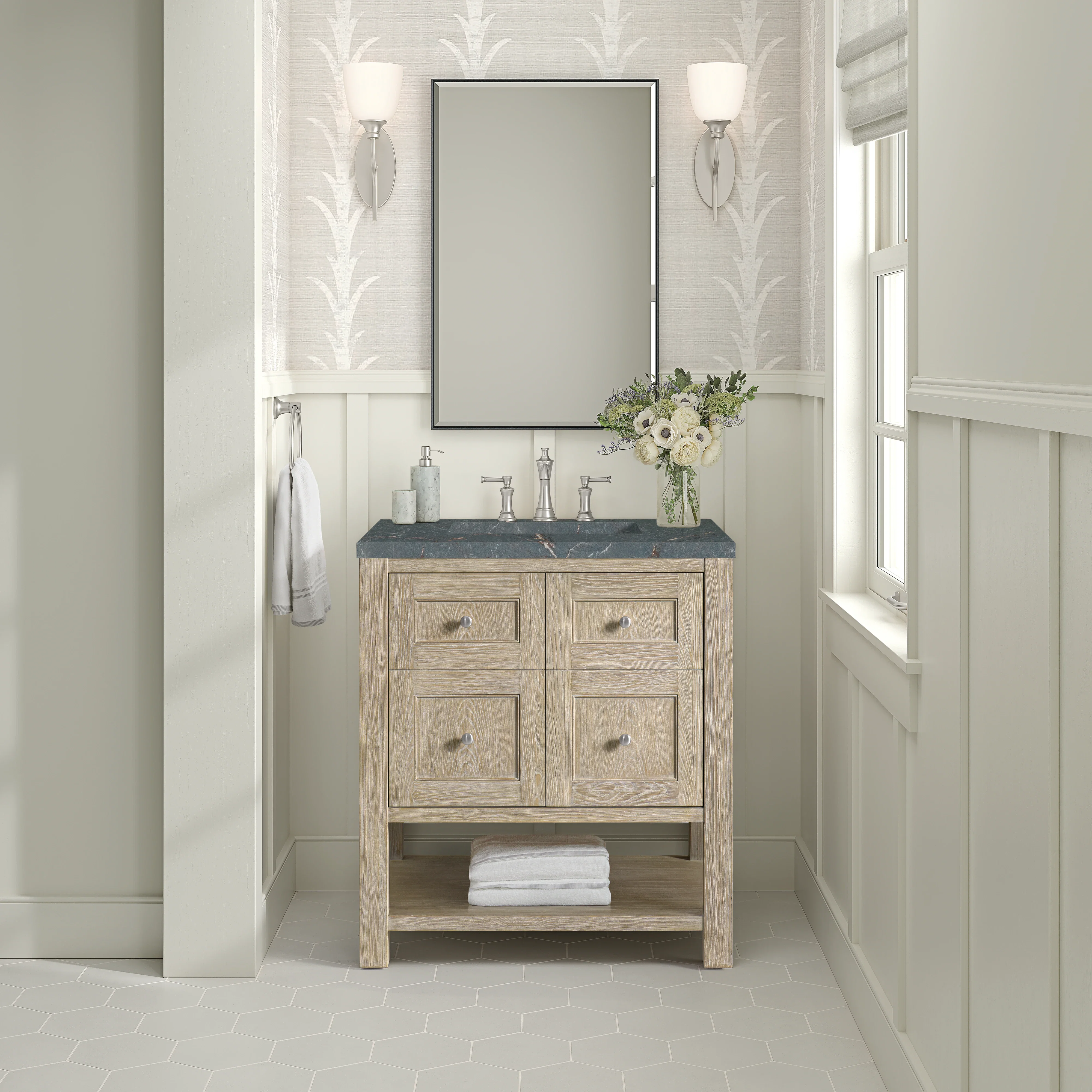 Breckenridge 30" Single Vanity, Whitewashed Oak w/ 3 CM Parisien Bleu Silestone Top