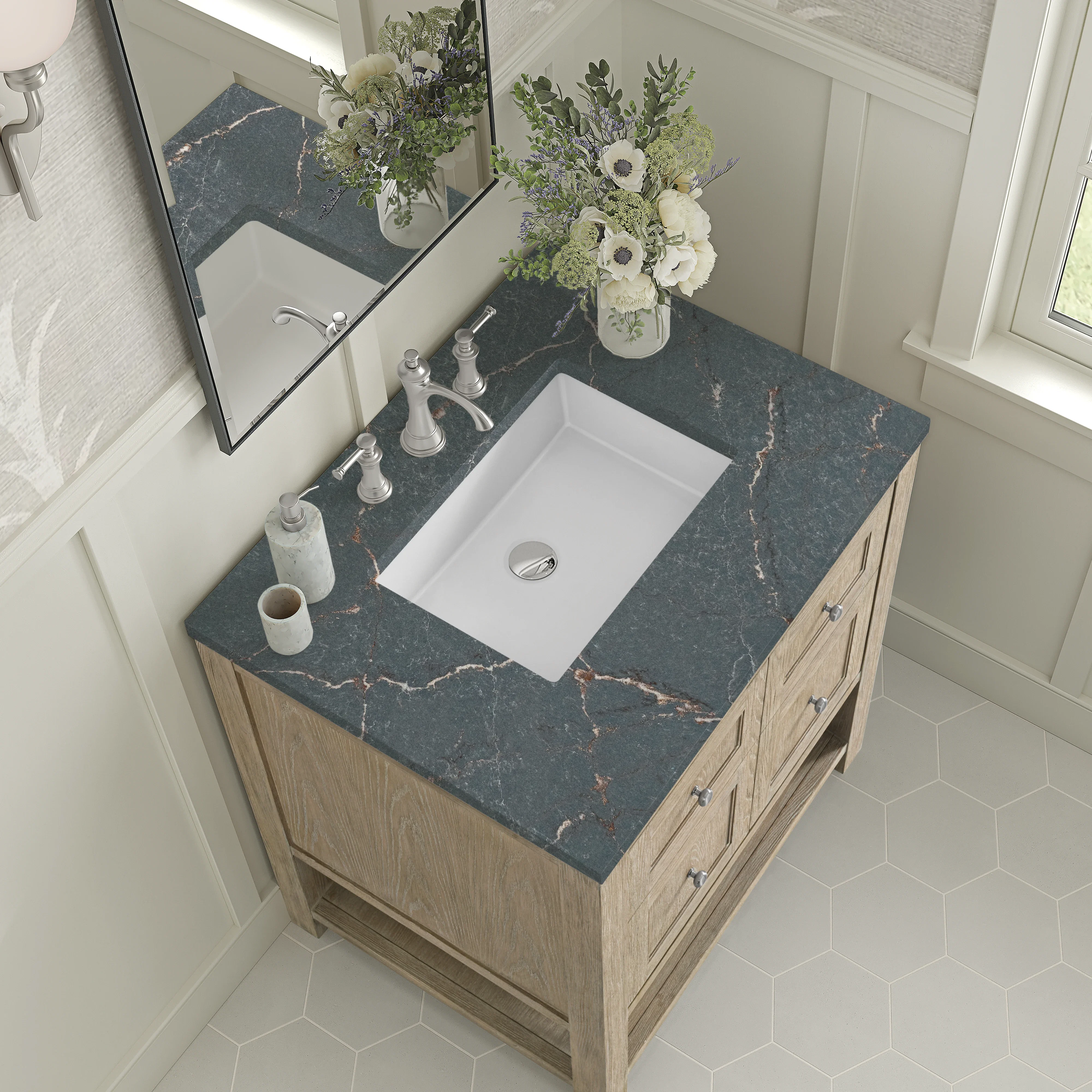 Breckenridge 30" Single Vanity, Whitewashed Oak w/ 3 CM Parisien Bleu Silestone Top