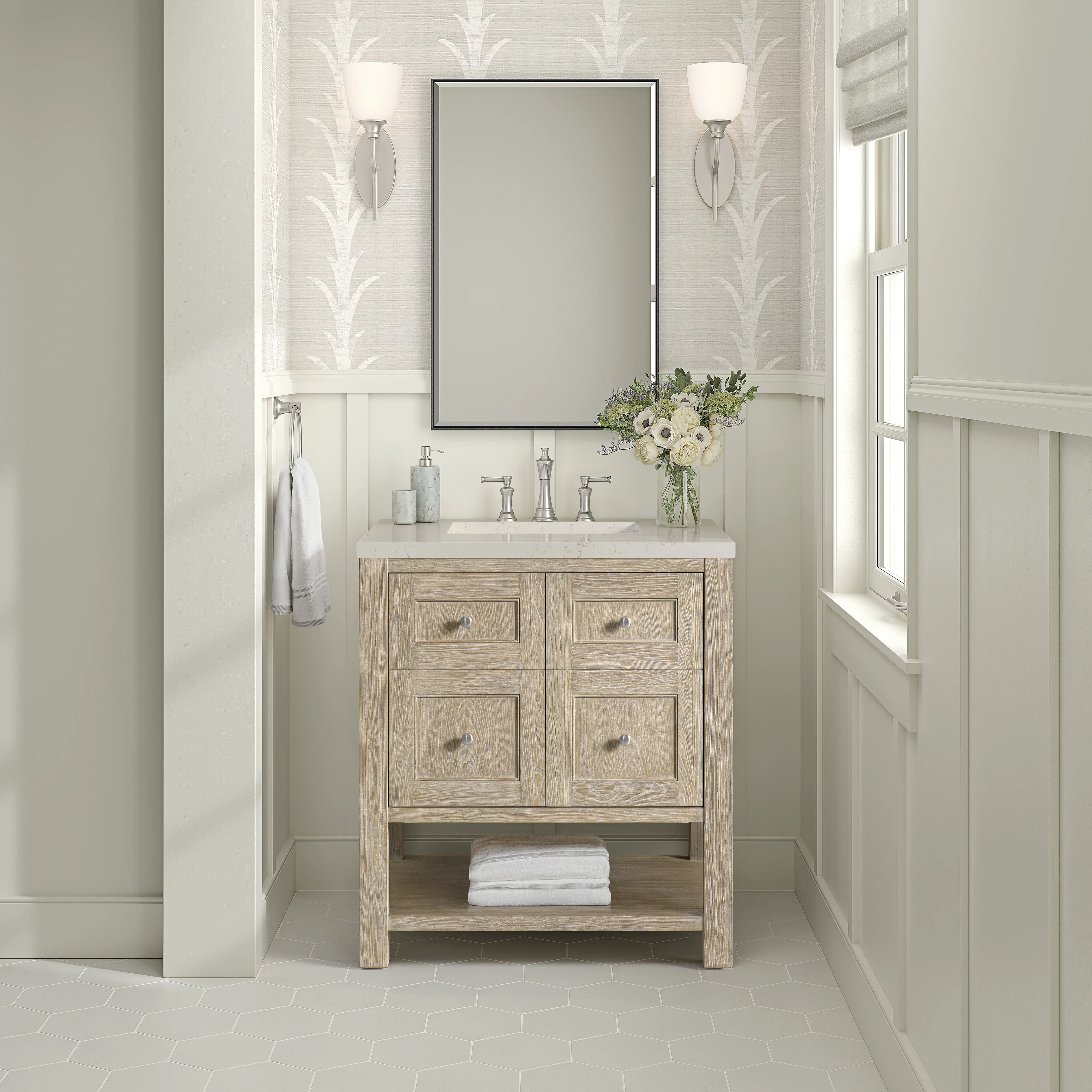 Breckenridge 30" Single Vanity, Whitewashed Oak, w/ 3 CM Siberian Silestone Top