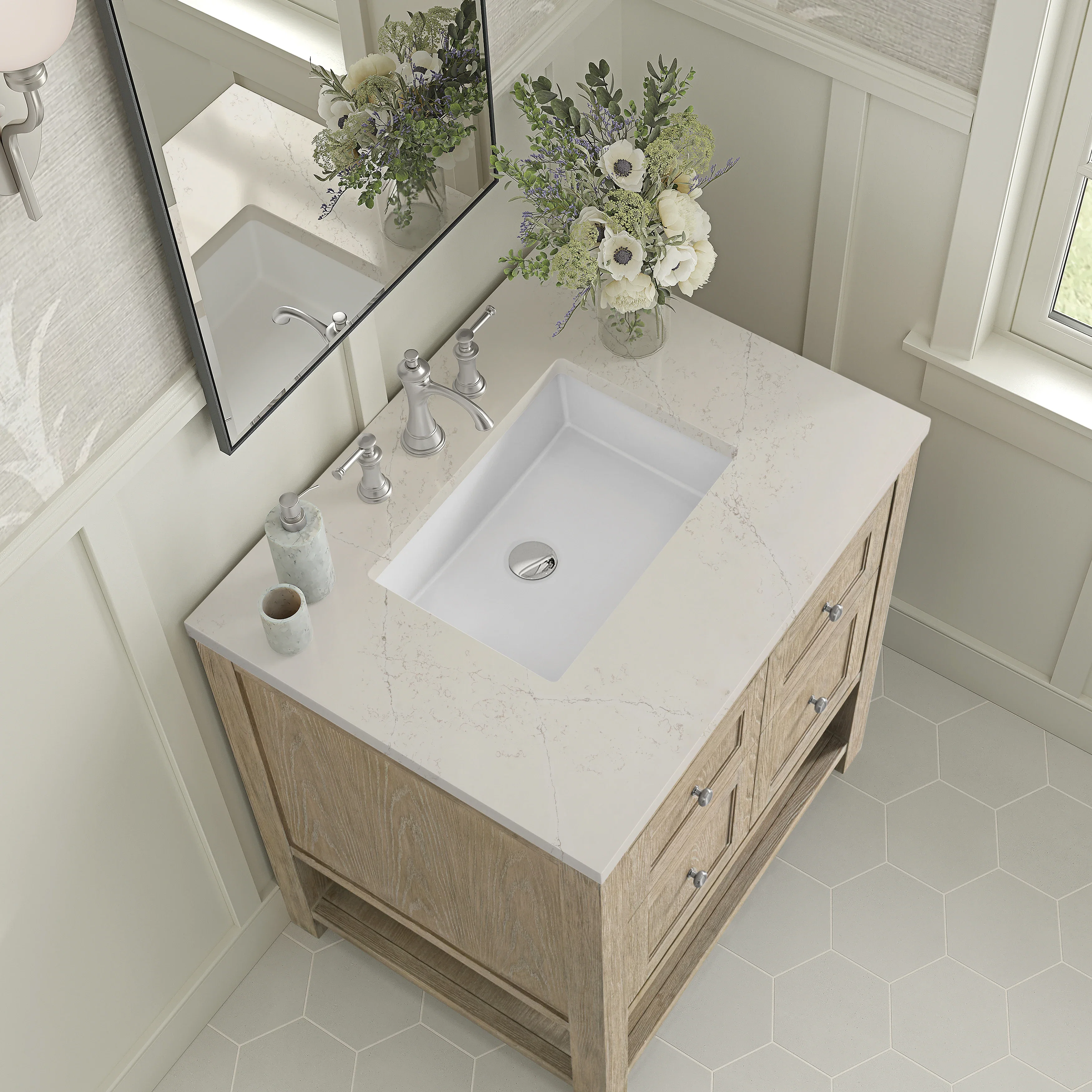 Breckenridge 30" Single Vanity, Whitewashed Oak, w/ 3 CM Siberian Silestone Top