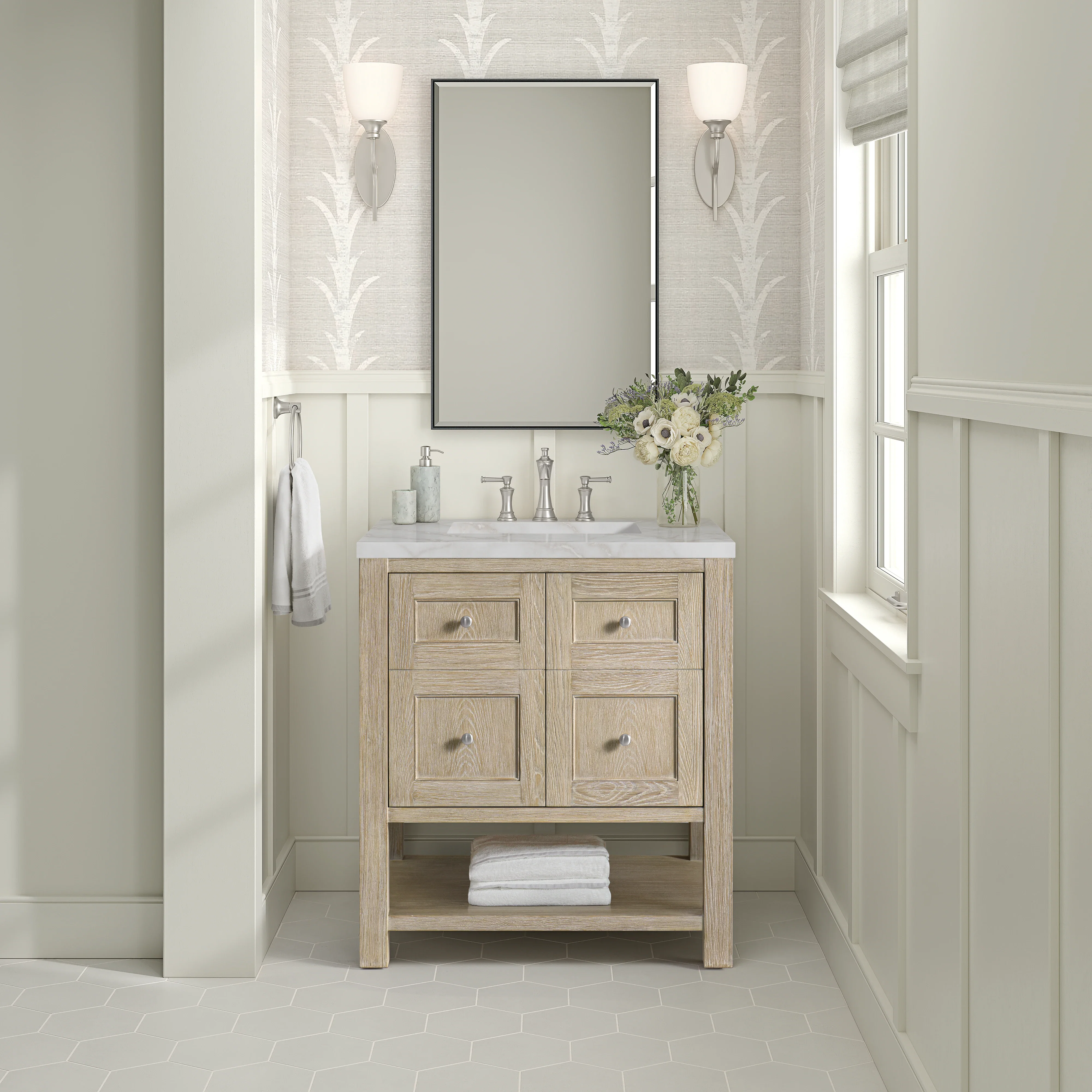 Breckenridge 30" Single Vanity, Whitewashed Oak w/ 3 CM Victorian Silver Silestone Top