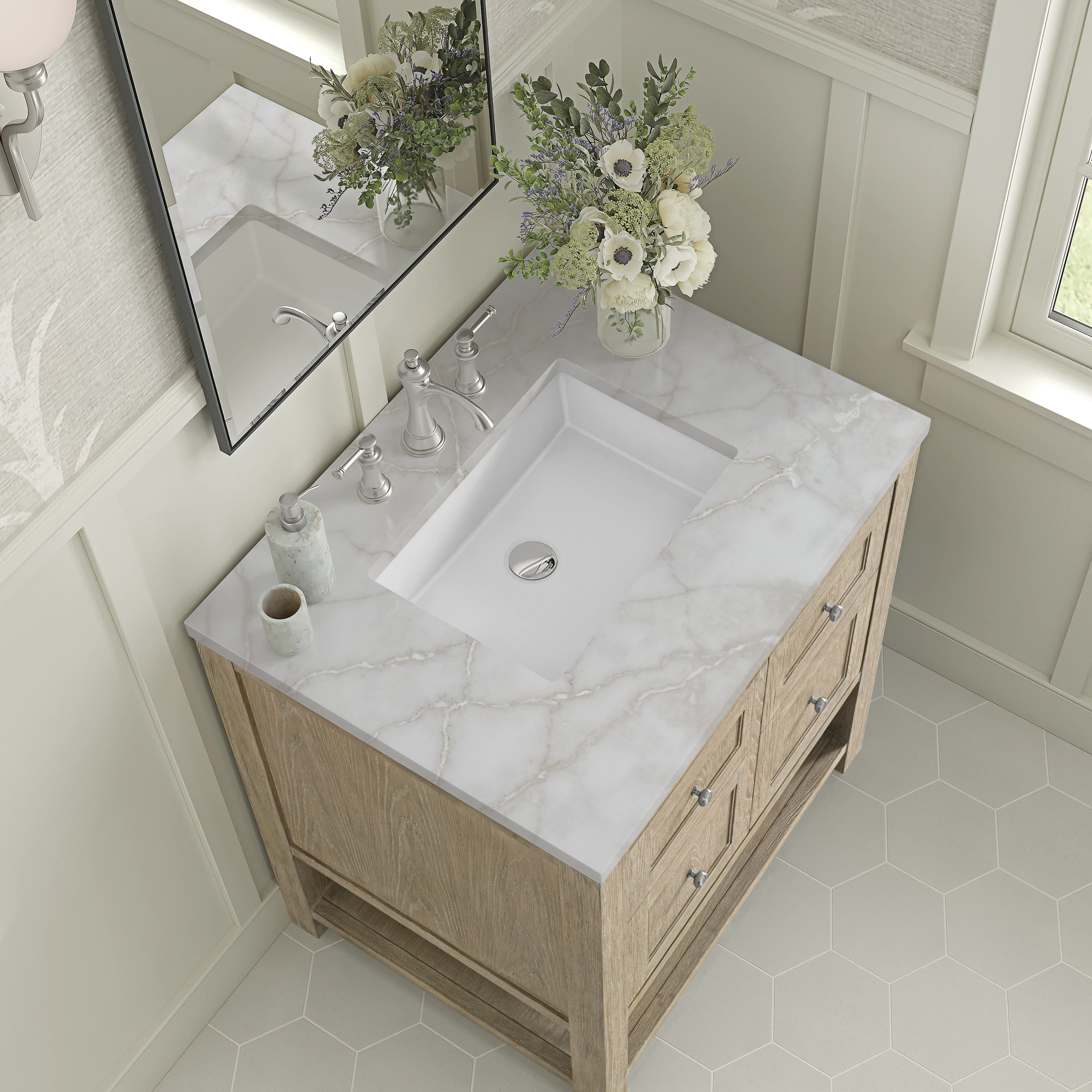 Breckenridge 30" Single Vanity, Whitewashed Oak w/ 3 CM Victorian Silver Silestone Top