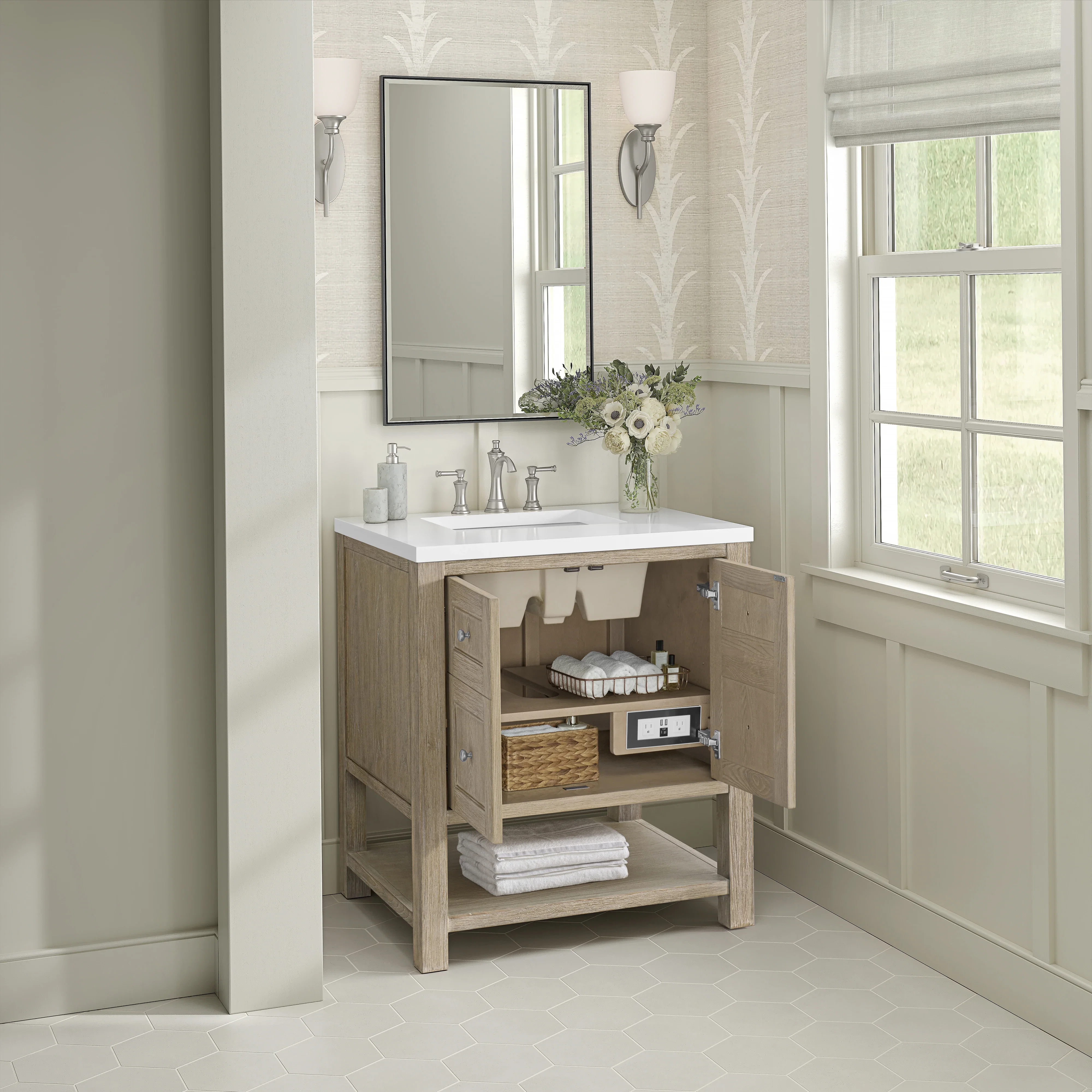 Breckenridge 30" Single Vanity, Whitewashed Oak w/ 3 CM White Zeus Silestone Top