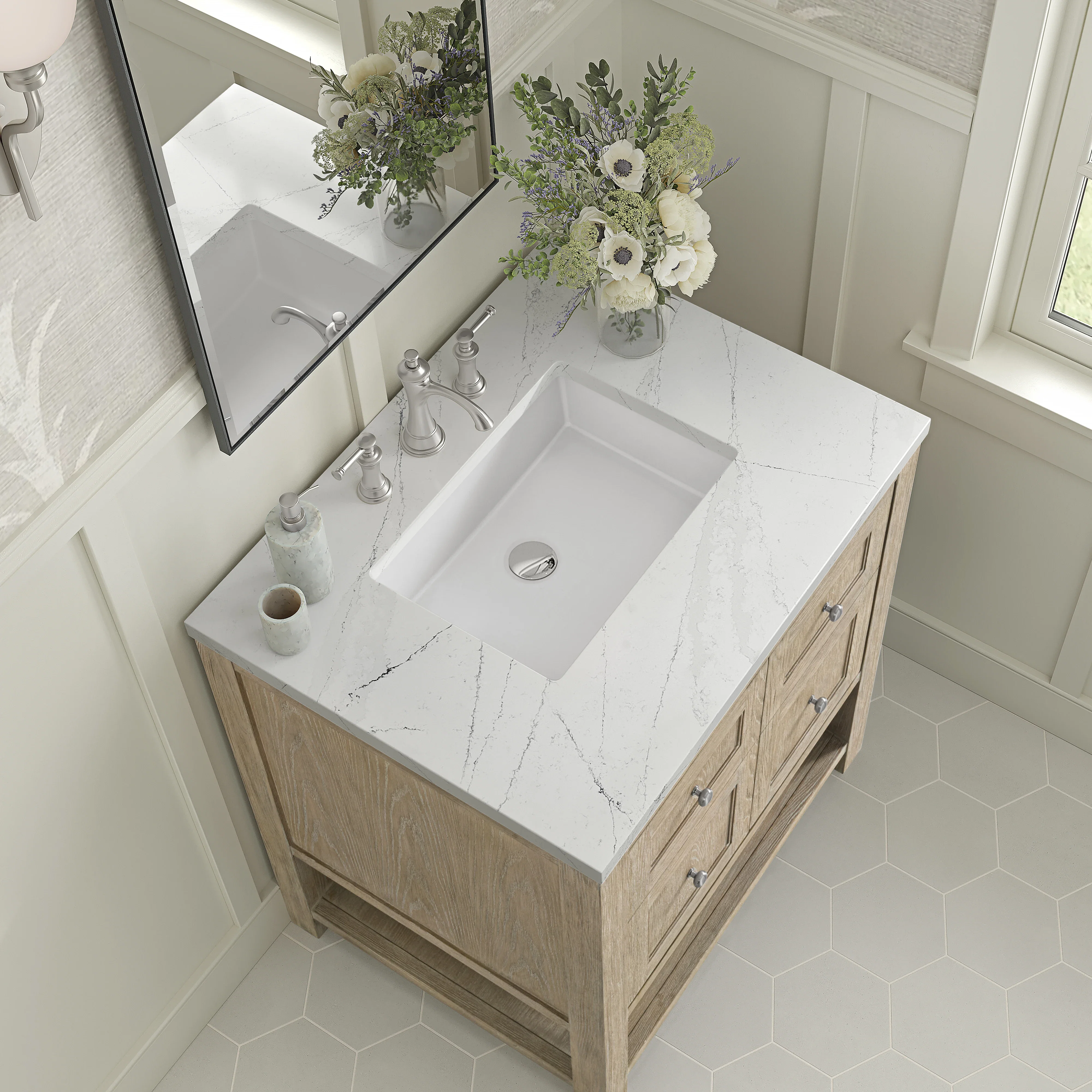Breckenridge 30" Single Vanity, Whitewashed Oak w/ 3 CM White Zeus Silestone Top