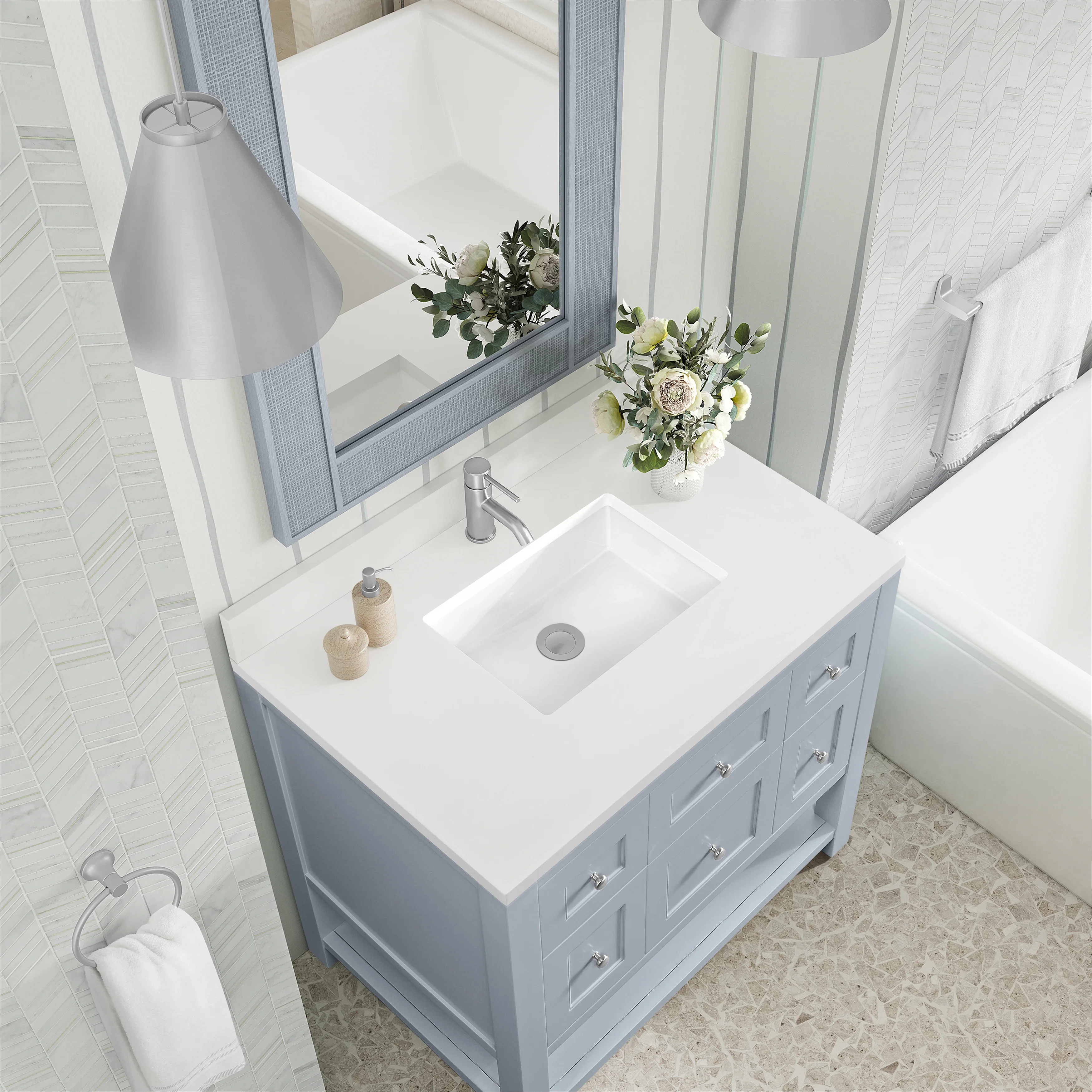 Breckenridge 36" Single Vanity, Serenity Blue, w/ Single Hole 3 CM White Zeus Quartz Top & Backsplash