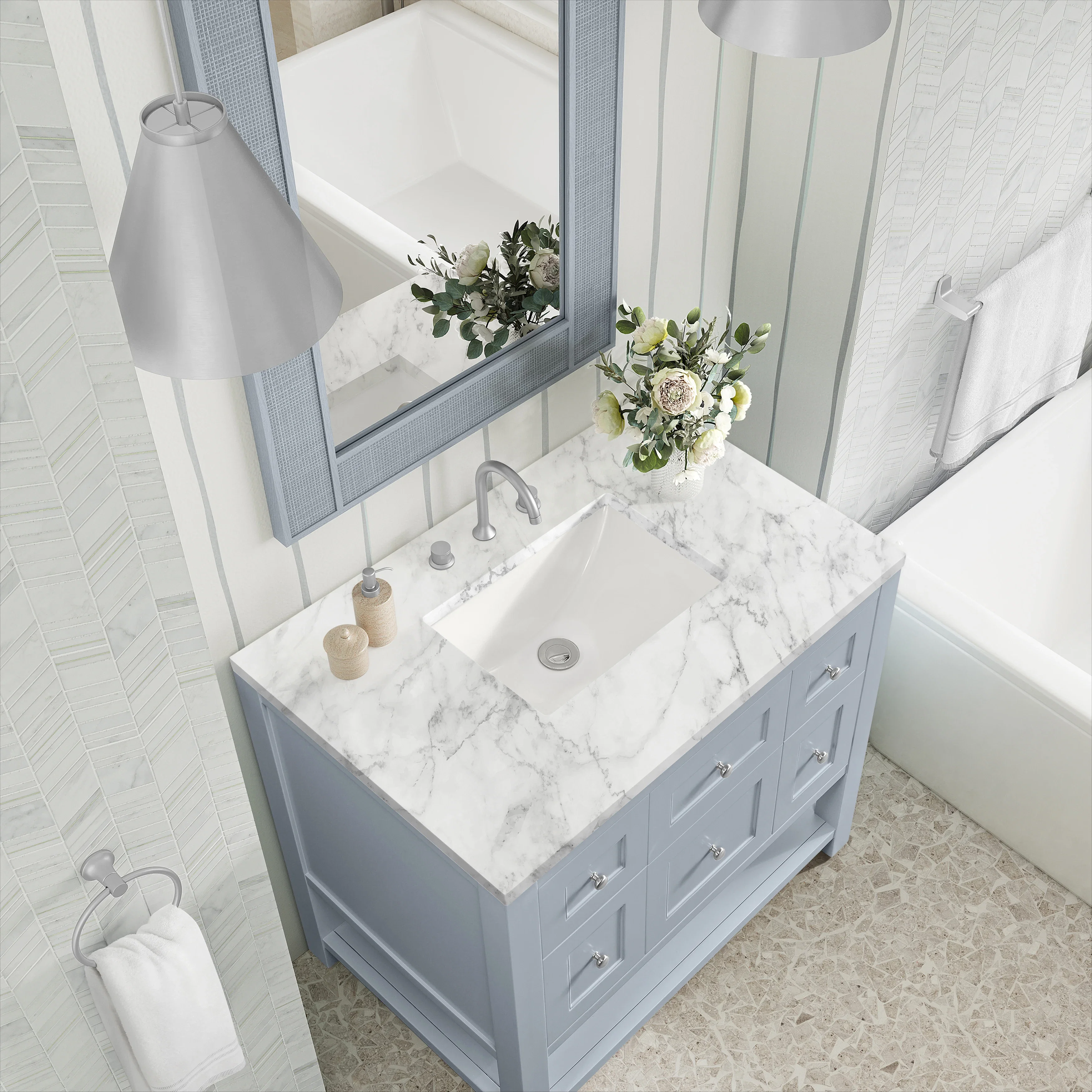Breckenridge 36" Single Vanity, Serenity Blue, w/ 3 CM Carrara Marble Top