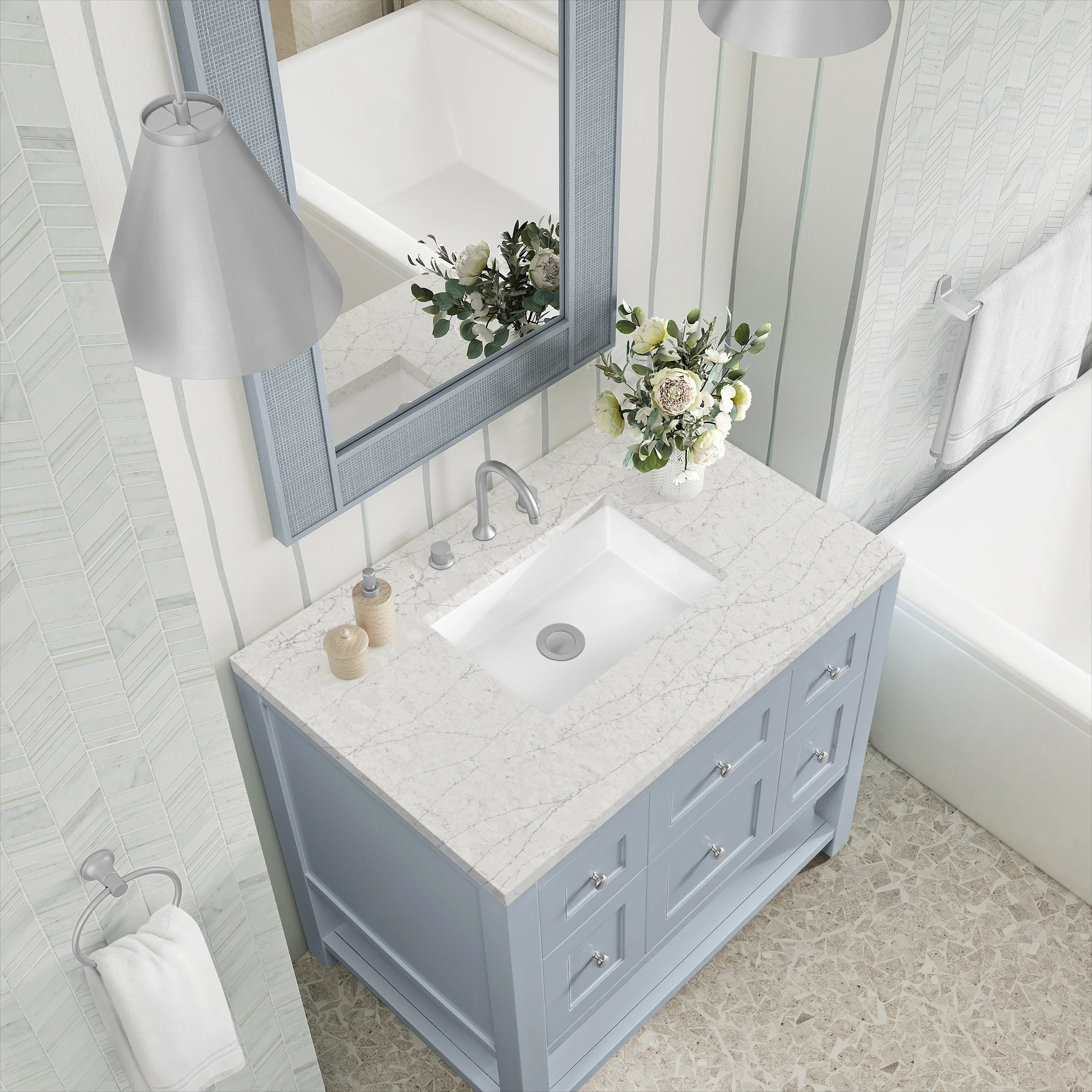 Breckenridge 36" Single Vanity, Serenity Blue, w/ 3 CM Eternal Jasmine Pearl Quartz Top