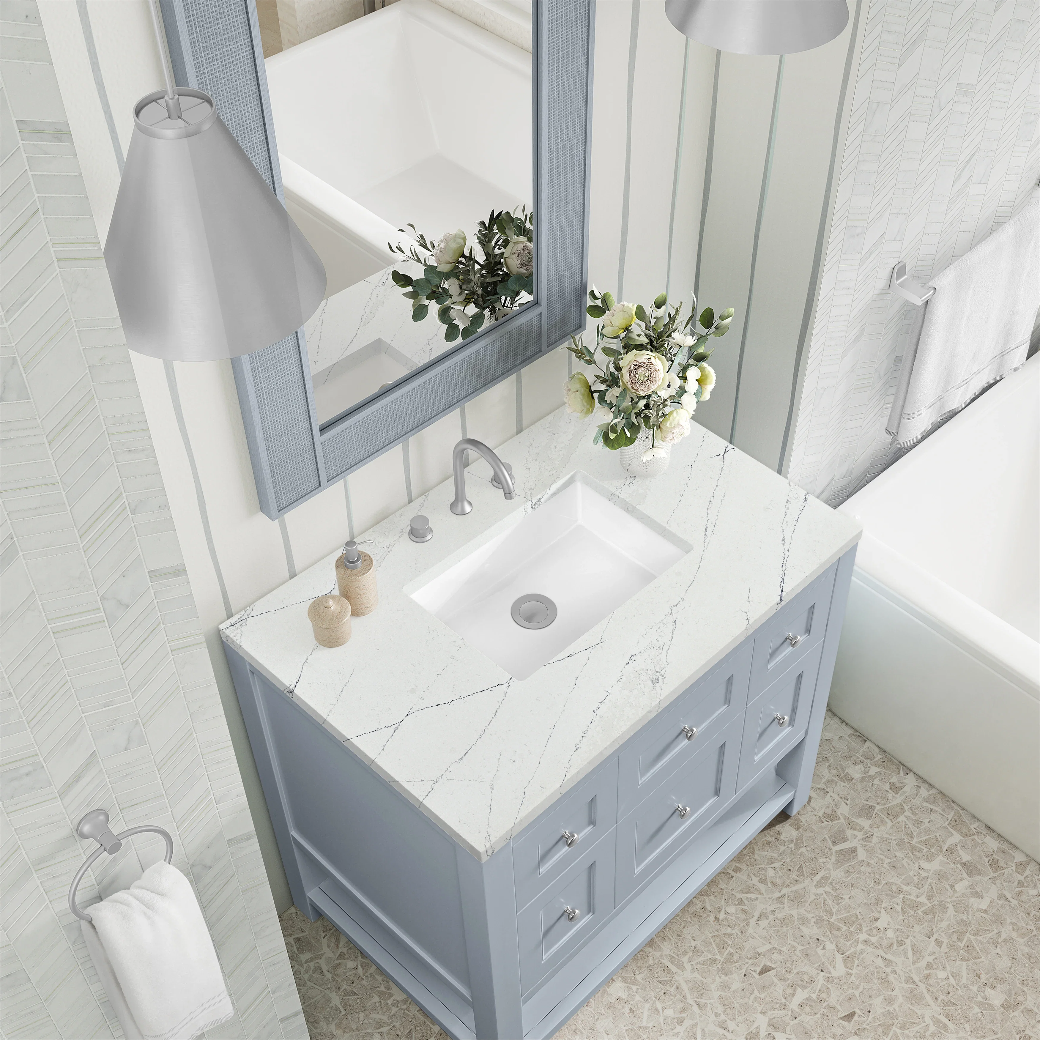 Breckenridge 36" Single Vanity, Serenity Blue, w/ 3 CM Ethereal Noctis Quartz Top