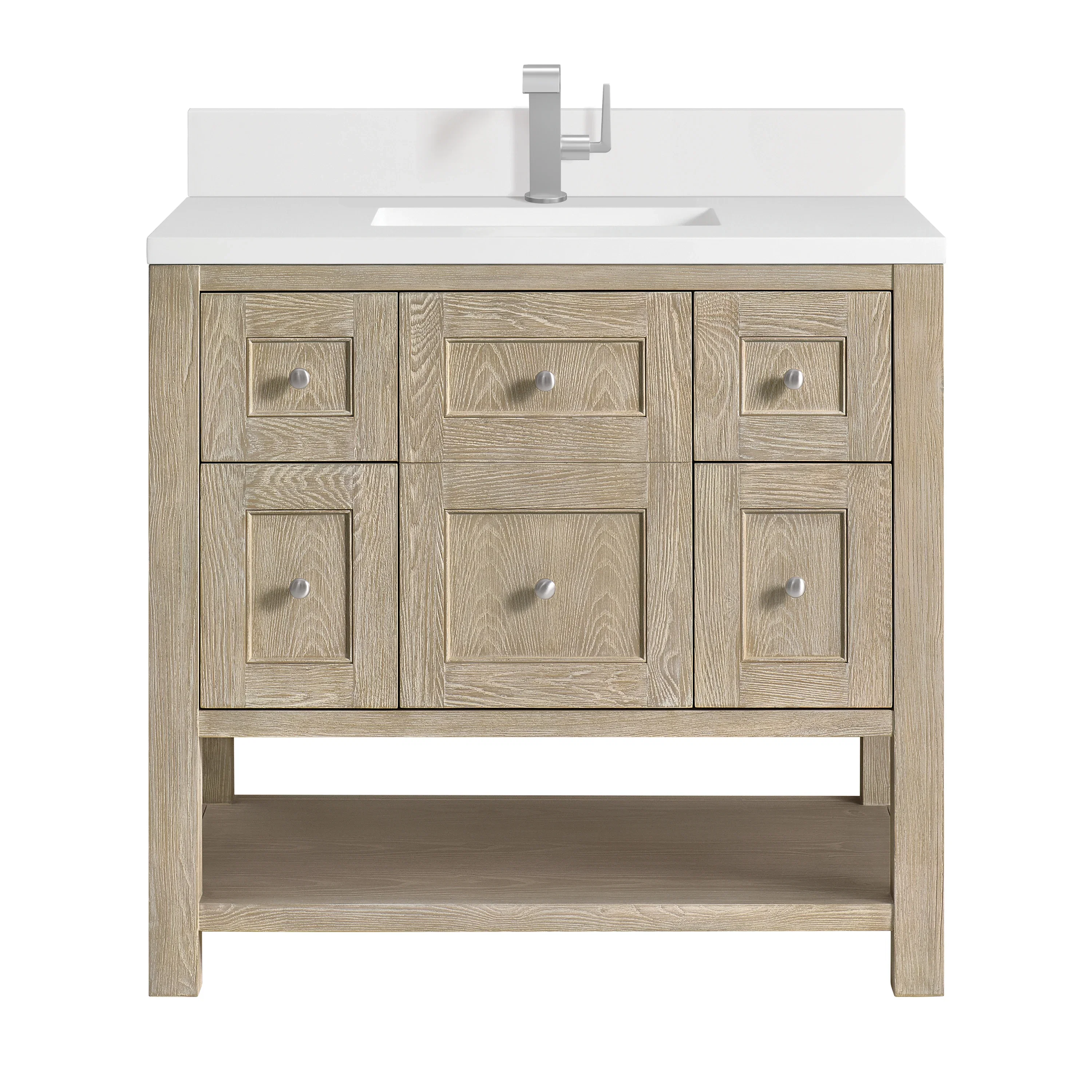 Breckenridge 36" Single Vanity, Whitewashed Oak w/ Single Hole 3CM White Zeus Silestone Top & Backsplash