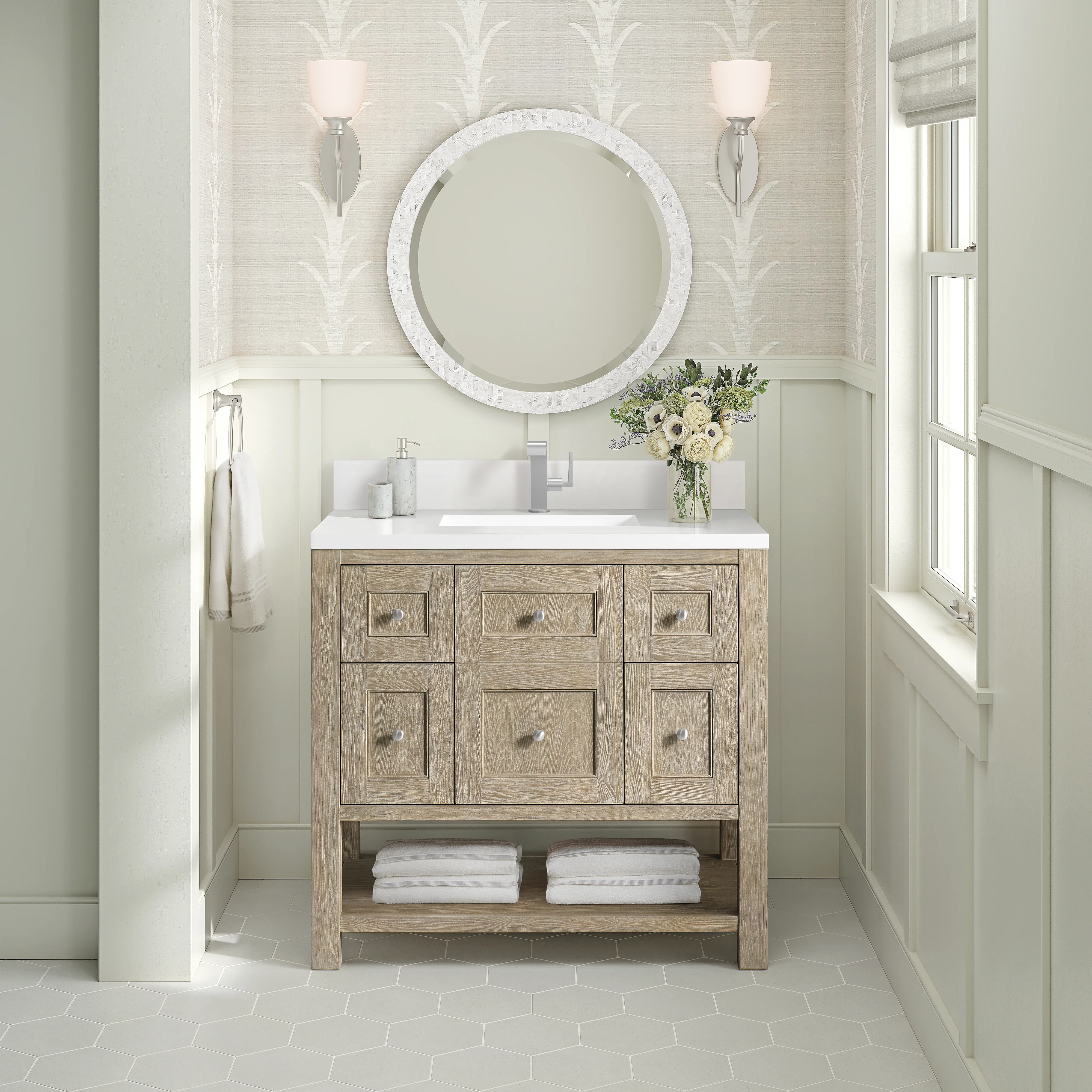 Breckenridge 36" Single Vanity, Whitewashed Oak w/ Single Hole 3CM White Zeus Silestone Top & Backsplash