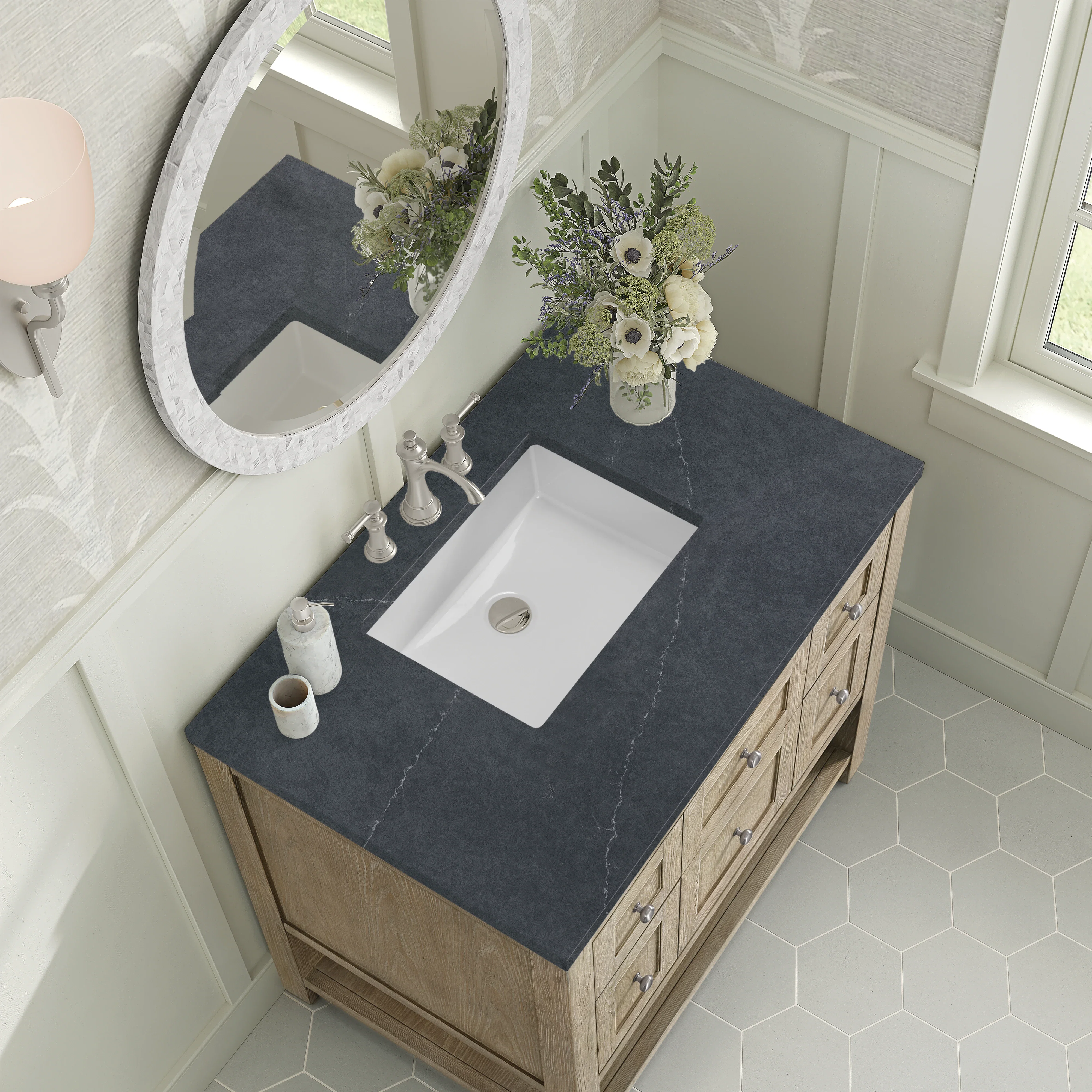 Breckenridge 36" Single Vanity, Whitewashed Oak w/ 3 CM Charcoal Soapstone Silestone Top