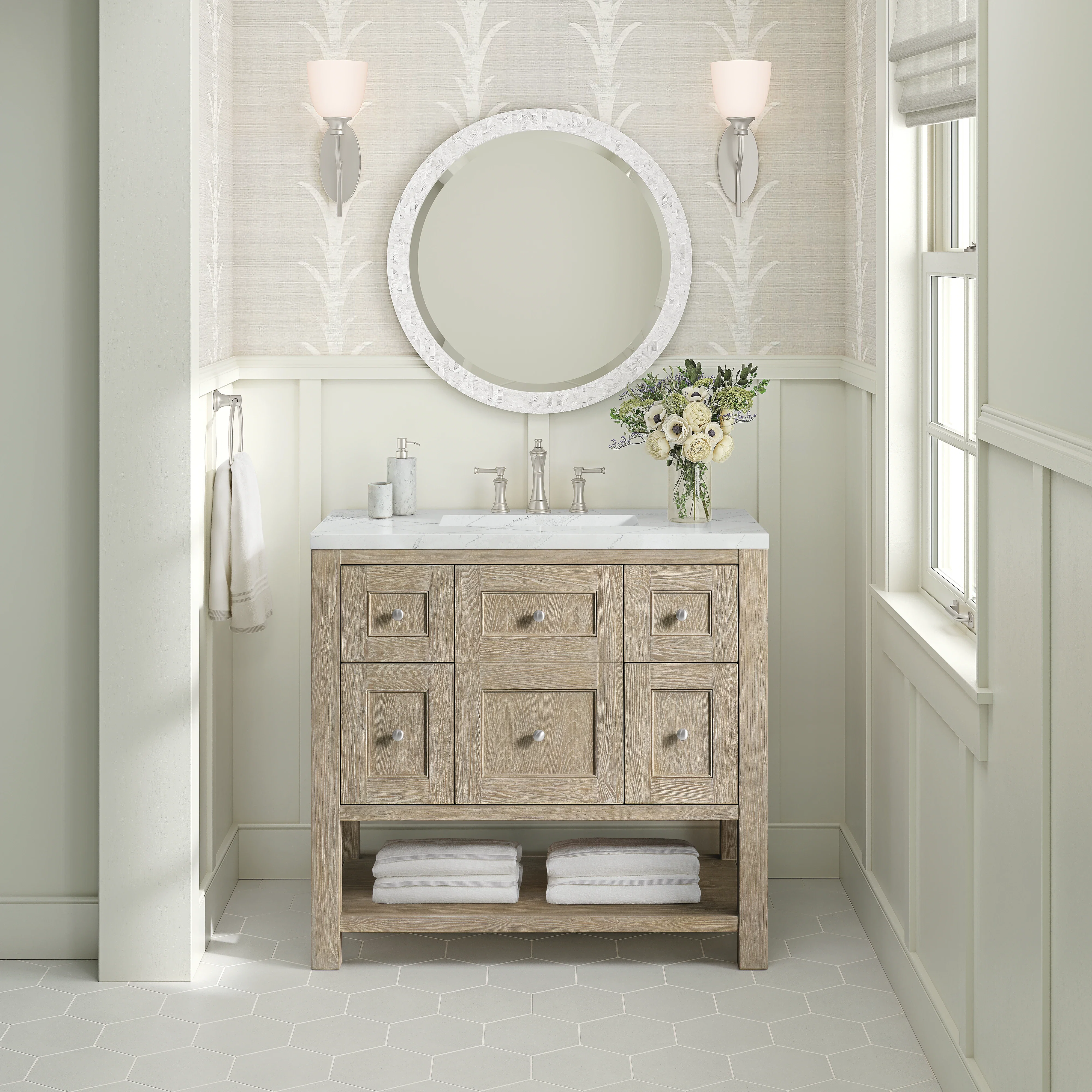 Breckenridge 36" Single Vanity, Whitewashed Oak w/ 3 CM Ethereal Noctis Silestone Top