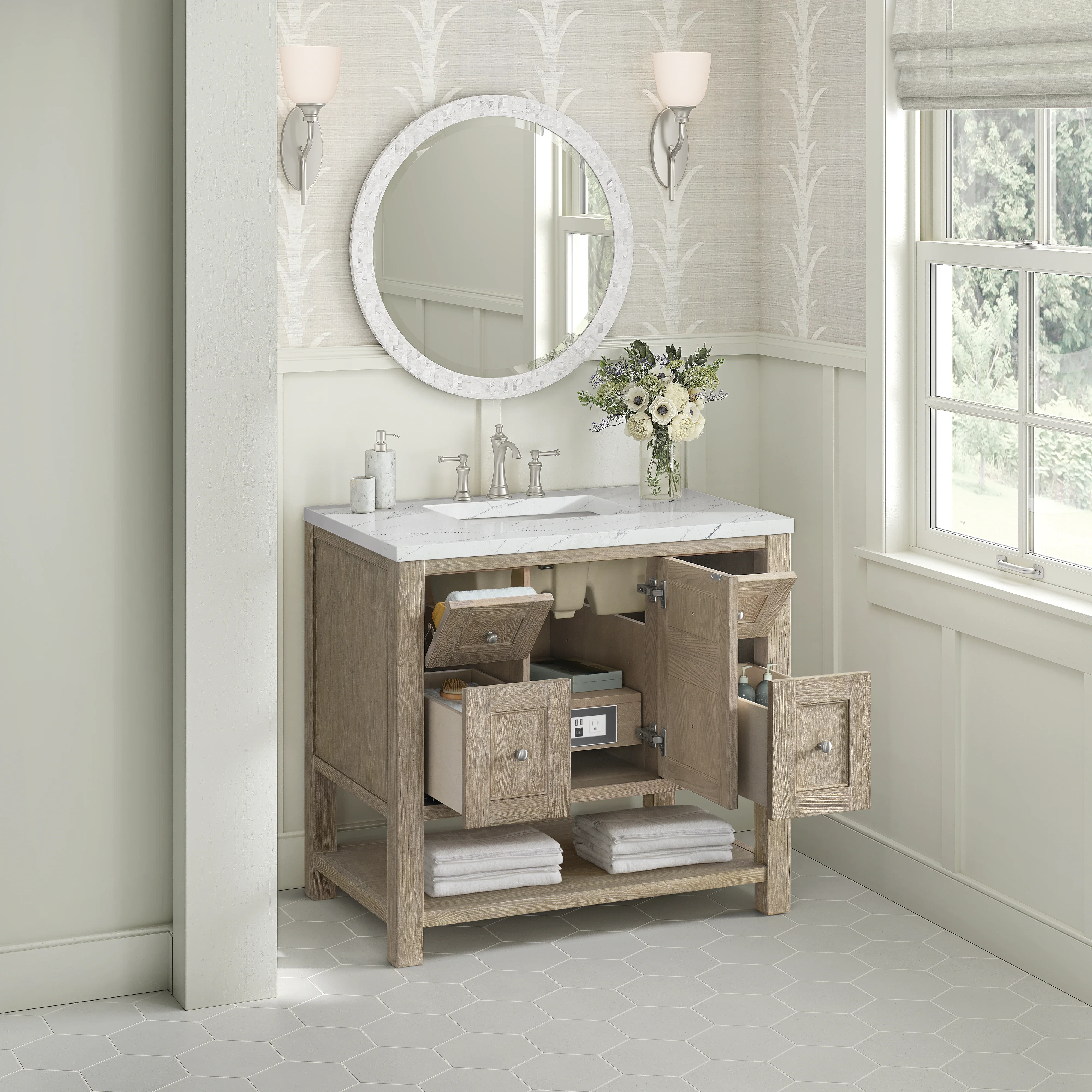 Breckenridge 36" Single Vanity, Whitewashed Oak w/ 3 CM Ethereal Noctis Silestone Top