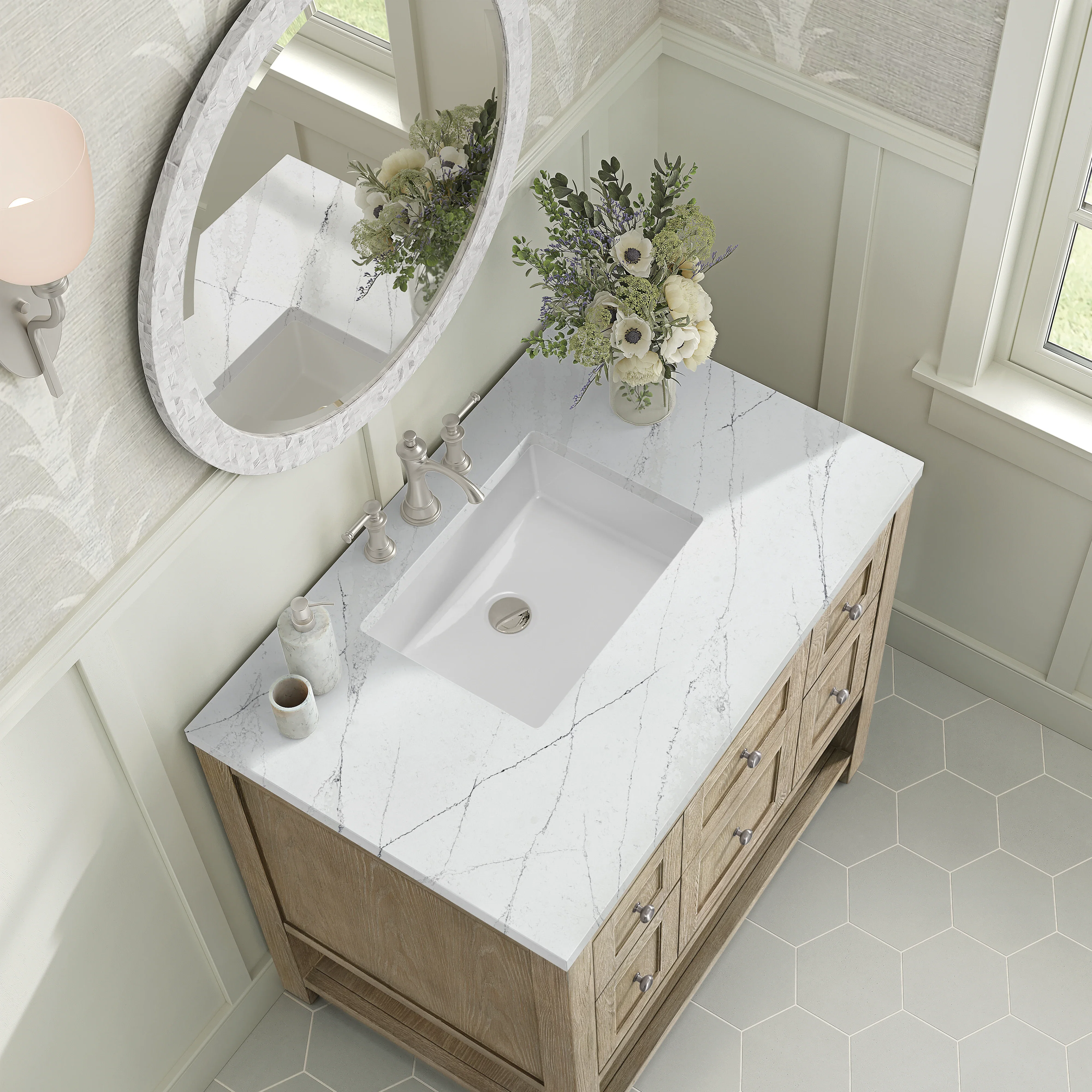 Breckenridge 36" Single Vanity, Whitewashed Oak w/ 3 CM Ethereal Noctis Silestone Top