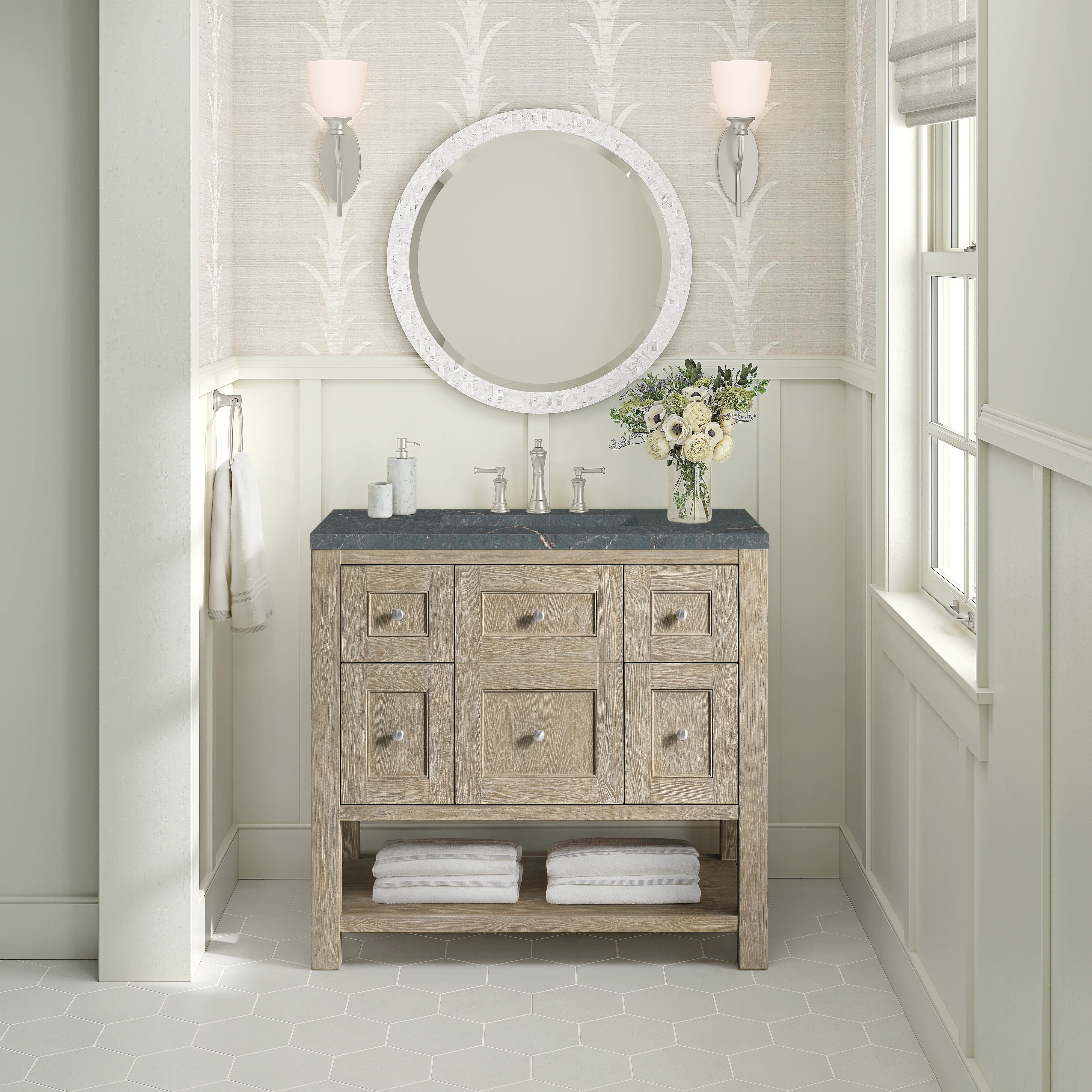 Breckenridge 36" Single Vanity, Whitewashed Oak w/ 3 CM Parisien Bleu Silestone Top