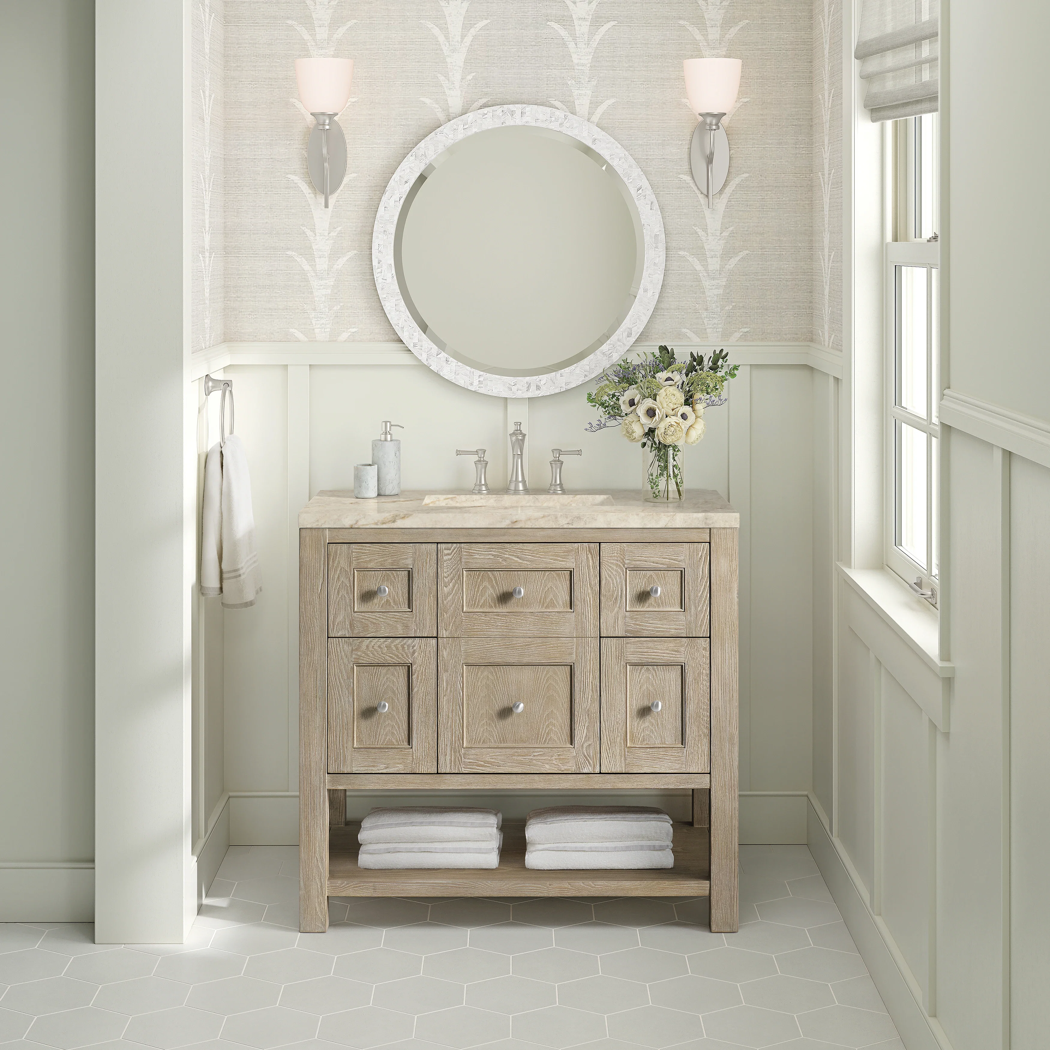 Breckenridge 36" Single Vanity, Whitewashed Oak, w/ 3 CM Tajnar Eclos Top