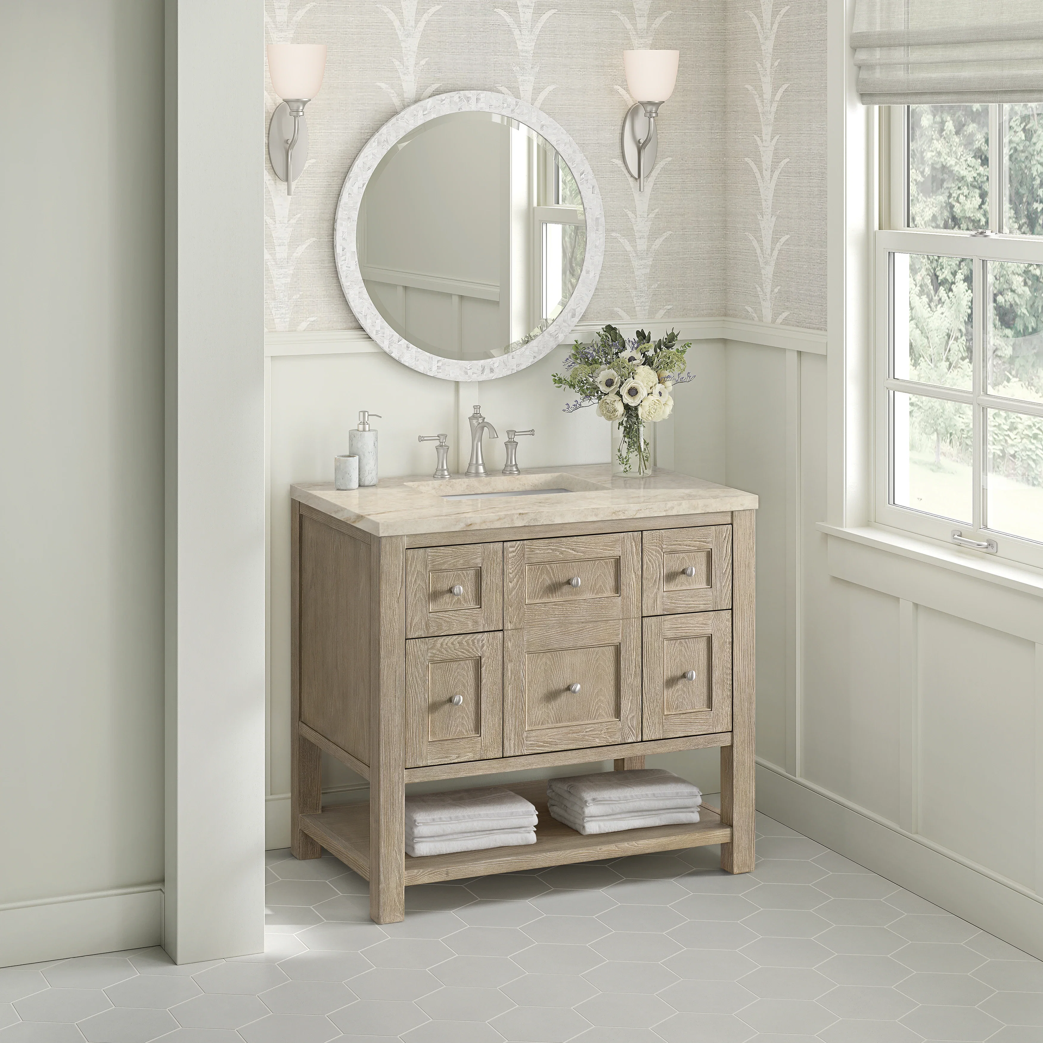 Breckenridge 36" Single Vanity, Whitewashed Oak, w/ 3 CM Tajnar Eclos Top
