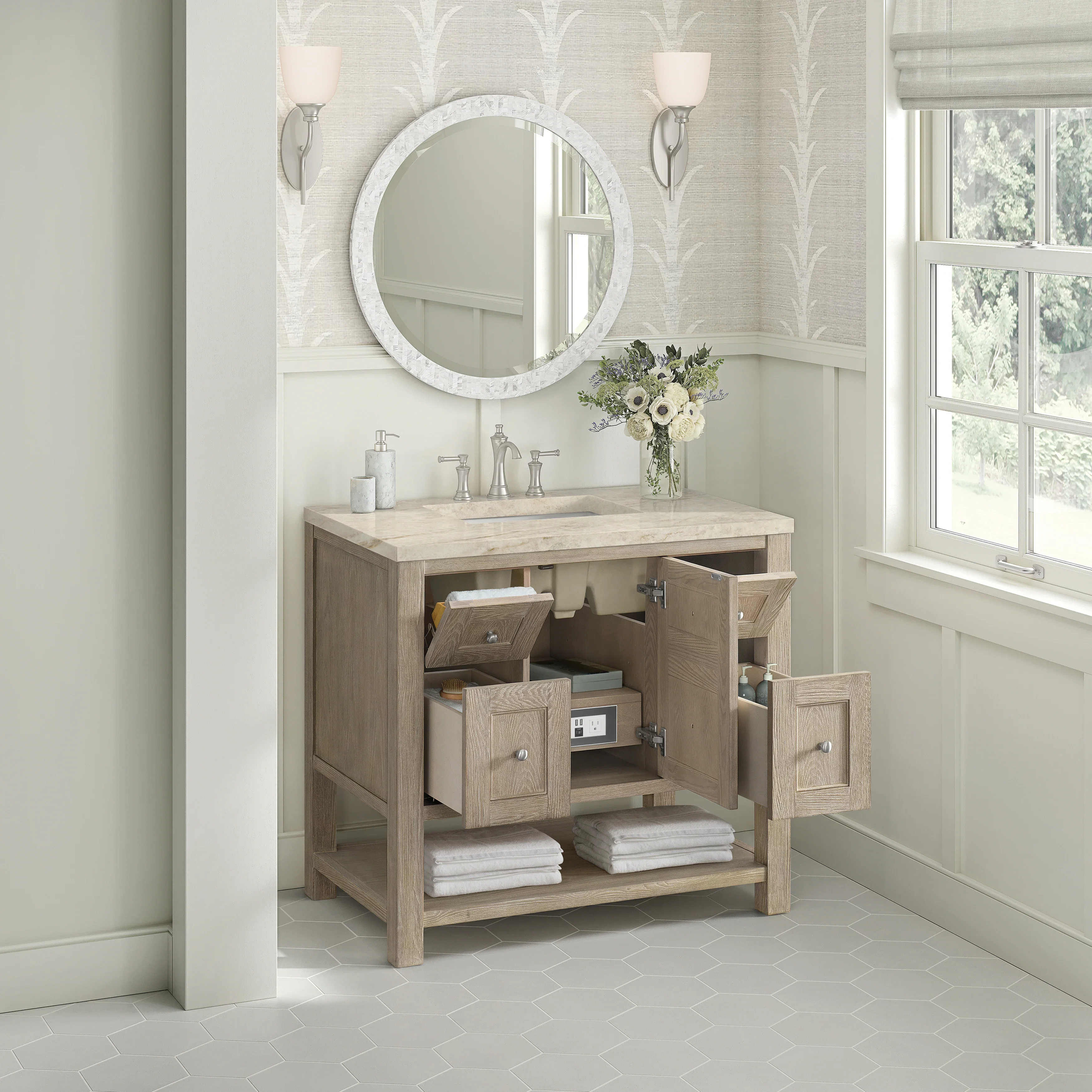 Breckenridge 36" Single Vanity, Whitewashed Oak, w/ 3 CM Tajnar Eclos Top