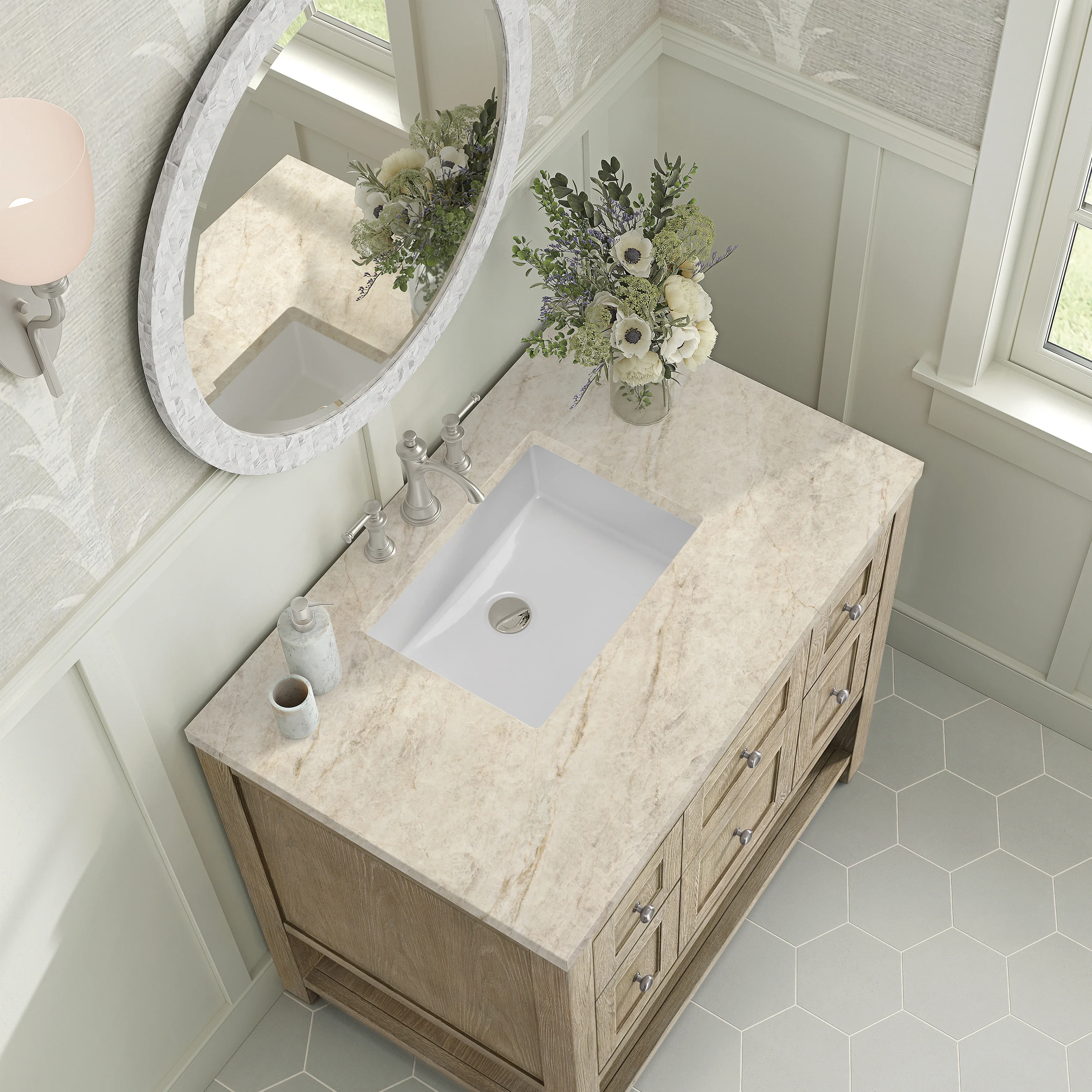 Breckenridge 36" Single Vanity, Whitewashed Oak, w/ 3 CM Tajnar Eclos Top