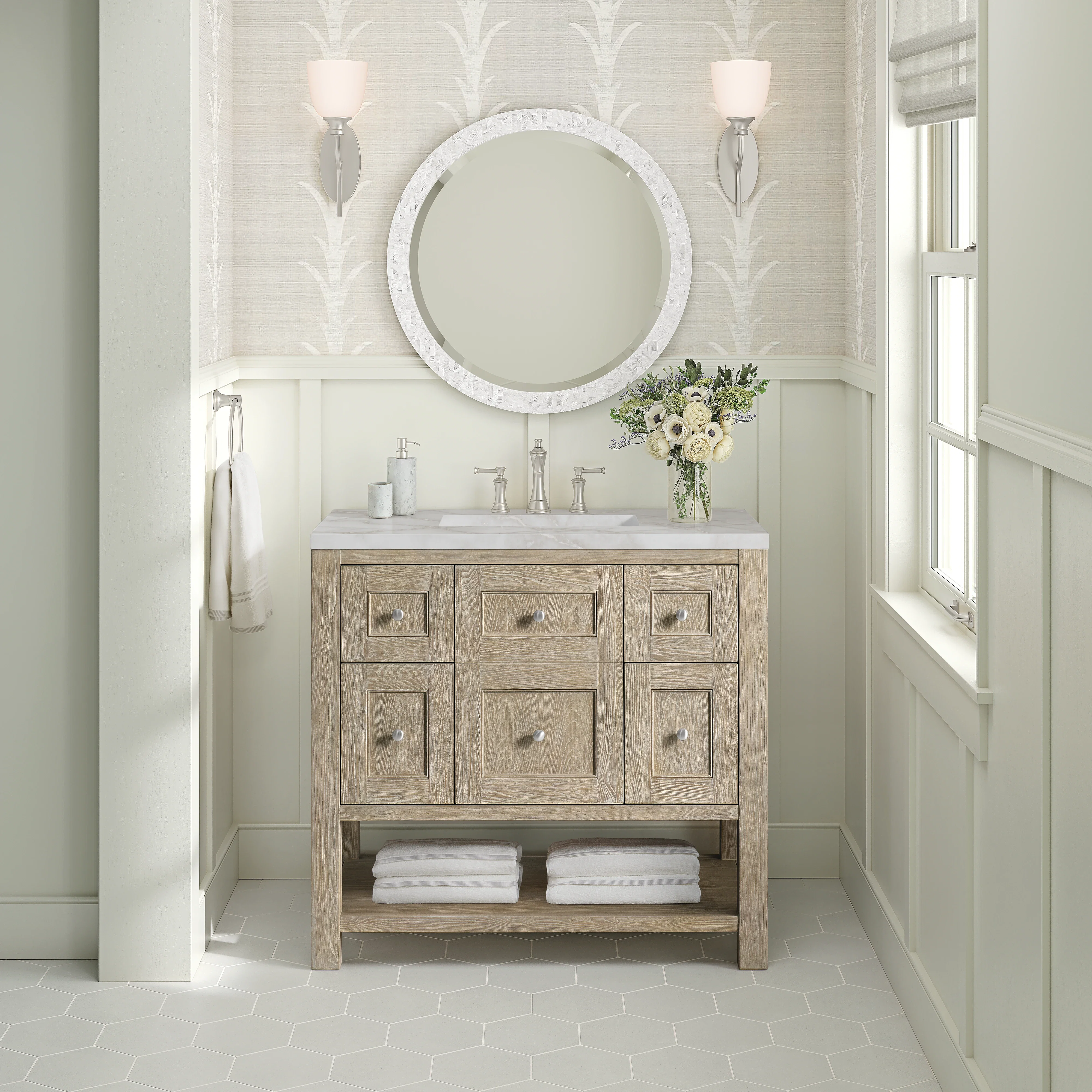 Breckenridge 36" Single Vanity, Whitewashed Oak w/ 3 CM Victorian Silver Silestone Top