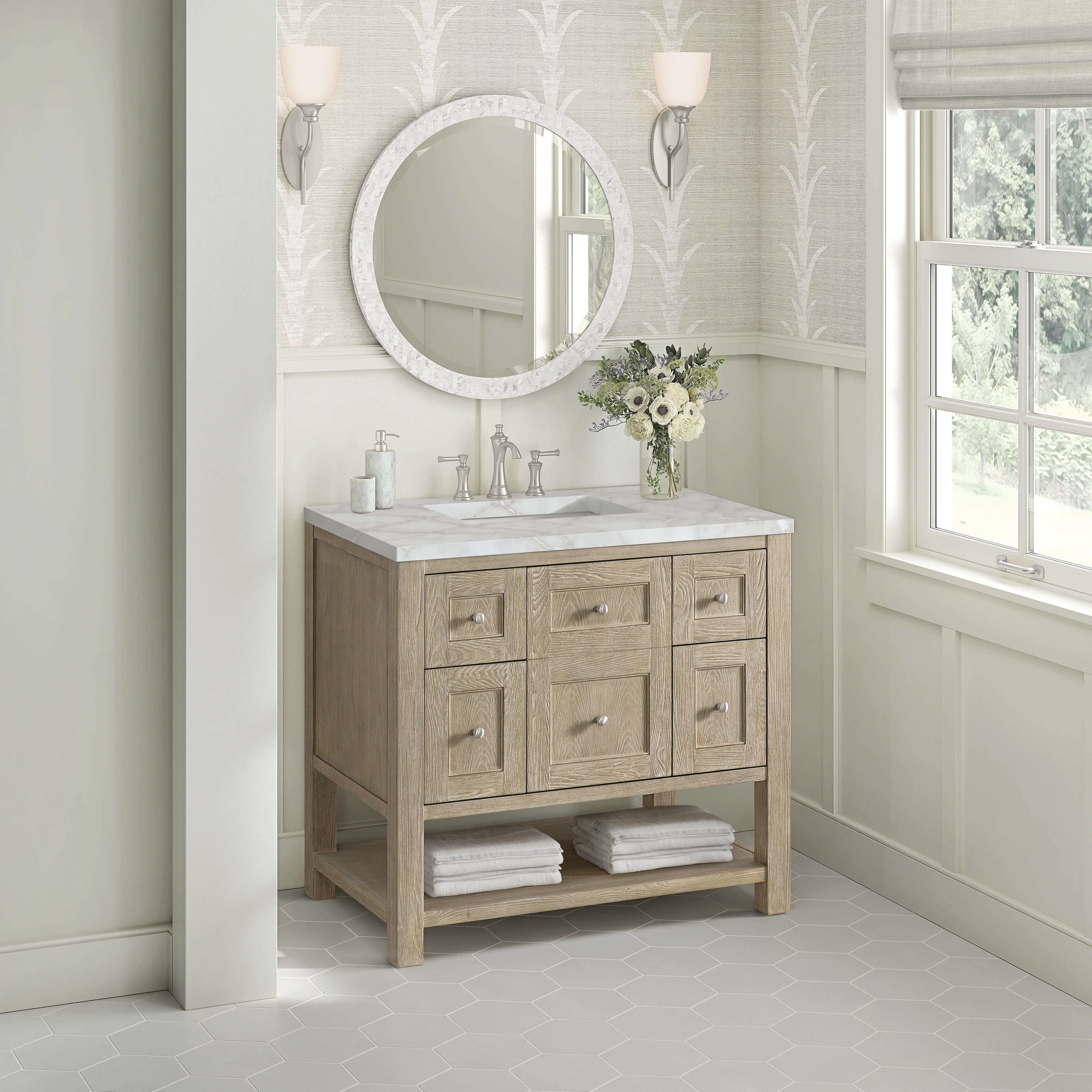 Breckenridge 36" Single Vanity, Whitewashed Oak w/ 3 CM Victorian Silver Silestone Top