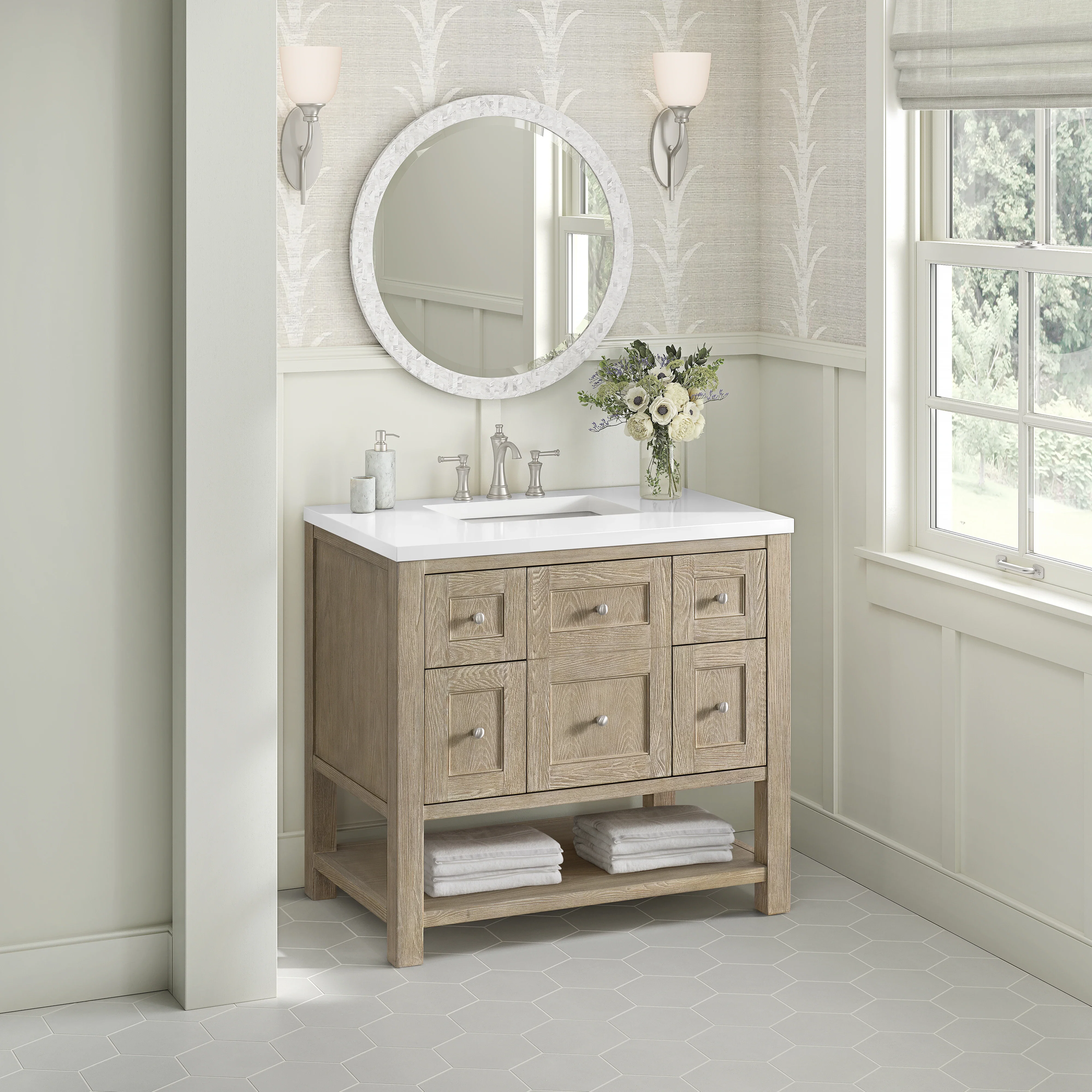 Breckenridge 36" Single Vanity, Whitewashed Oak w/ 3 CM White Zeus Silestone Top