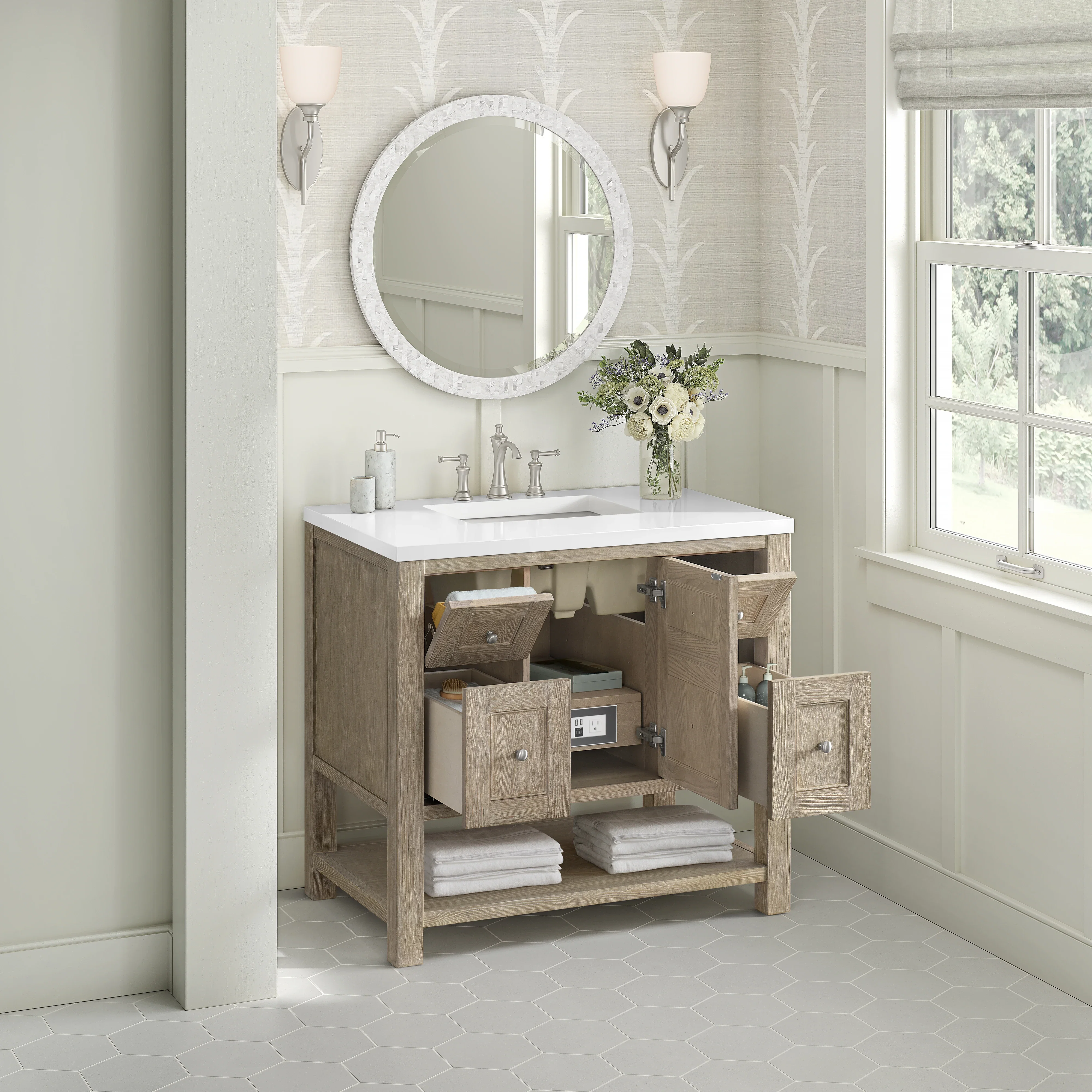Breckenridge 36" Single Vanity, Whitewashed Oak w/ 3 CM White Zeus Silestone Top