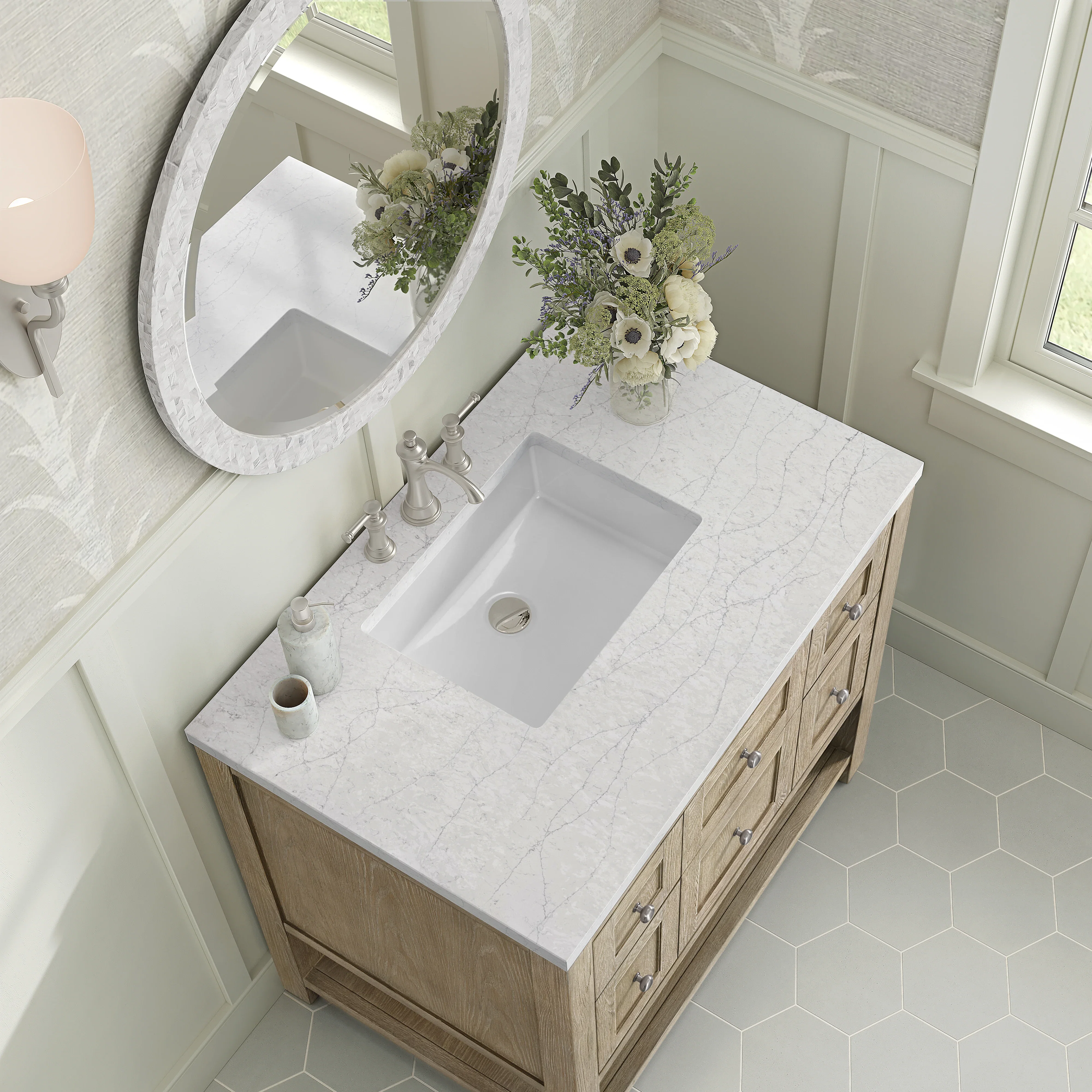 Breckenridge 36" Single Vanity, Whitewashed Oak w/ 3 CM White Zeus Silestone Top