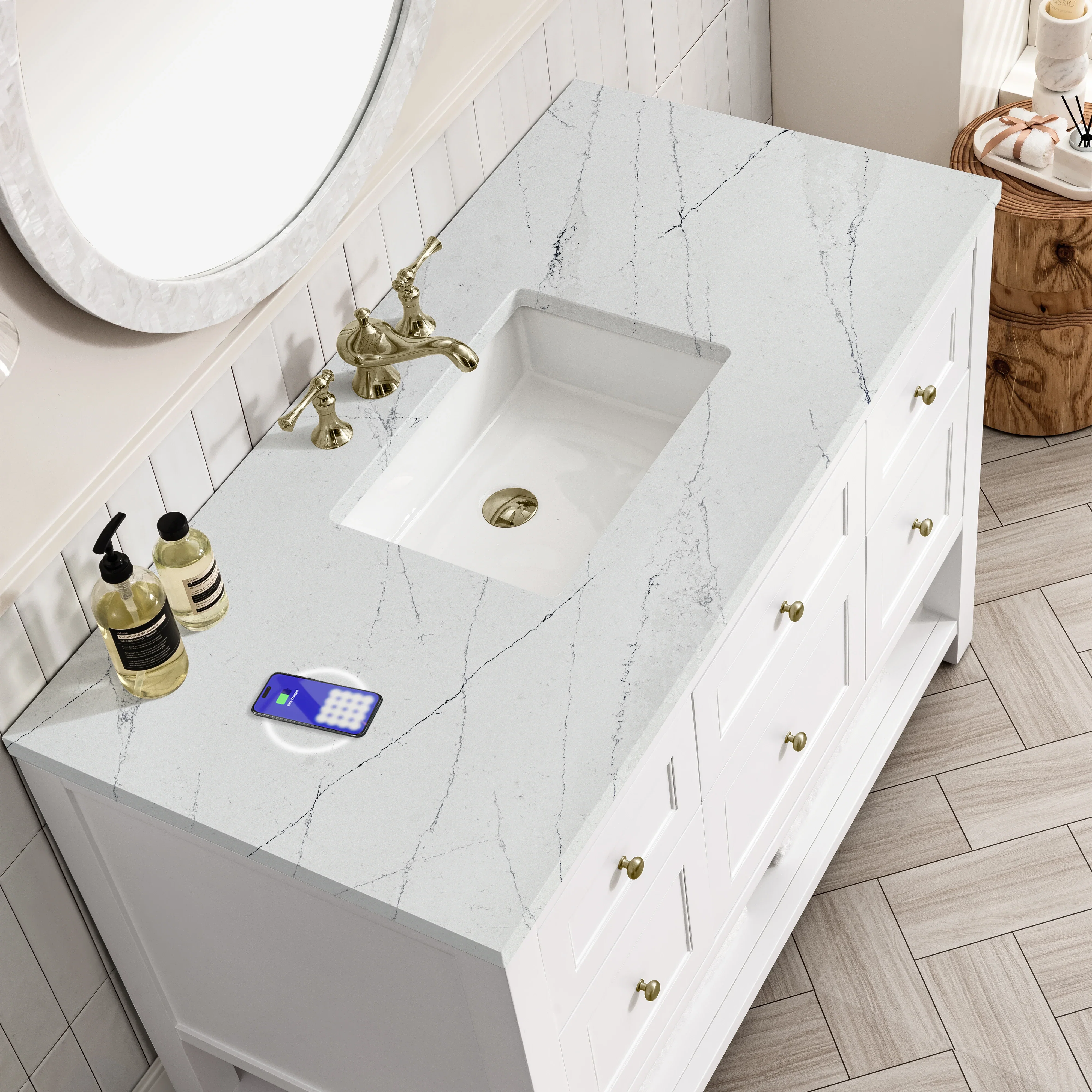 Breckenridge 48" Single Vanity, Bright White w/ 3 CM Ethereal Noctis Top w/FreePower Wireless Charger