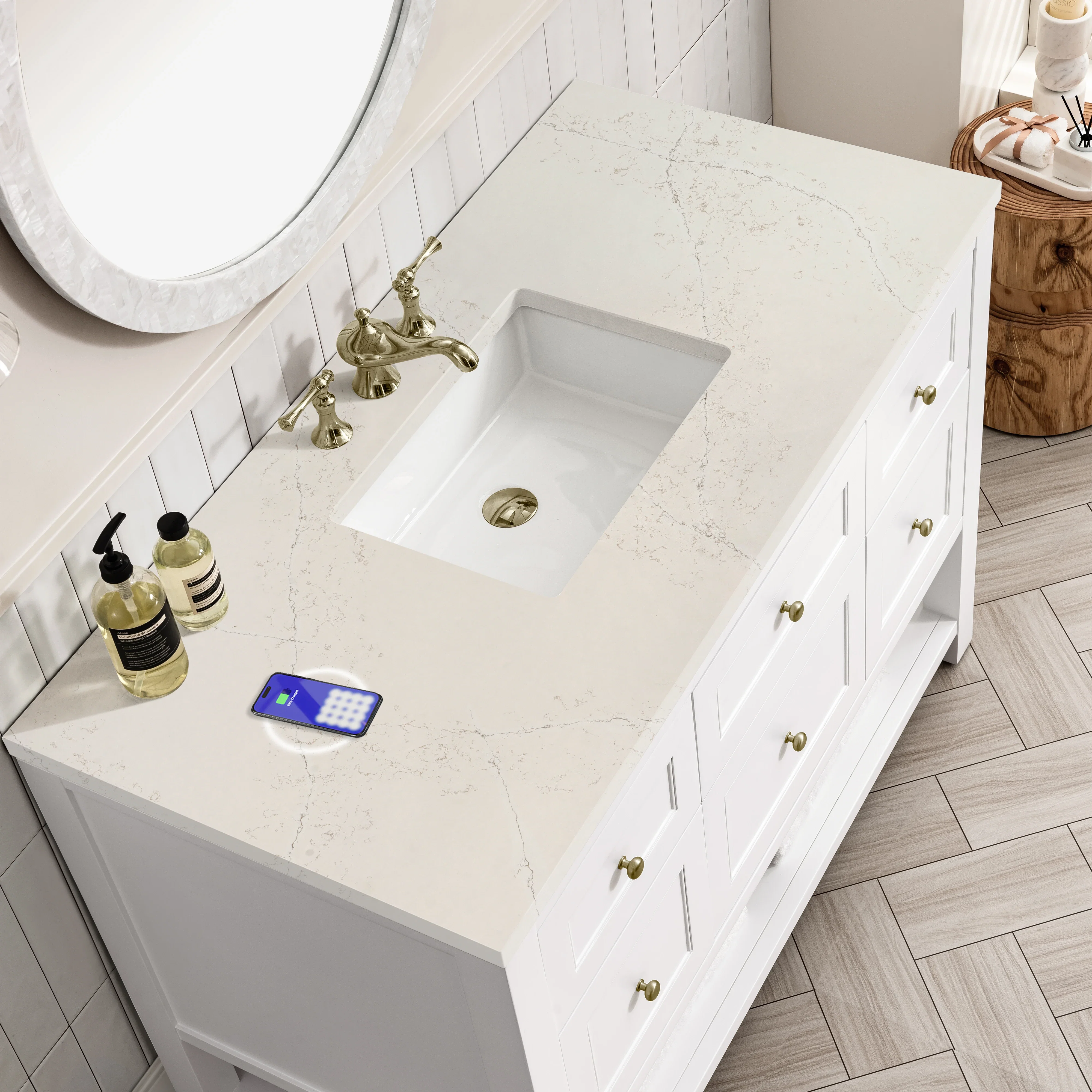 Breckenridge 48" Single Vanity, Bright White, w/ 3 CM Siberian Silestone Top w/FreePower Wireless Charger